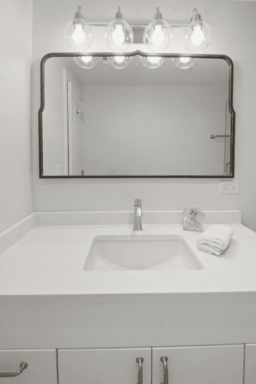 A bathroom with a sink , mirror and light fixture.