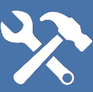 A wrench and hammer crossed over each other on a blue background.