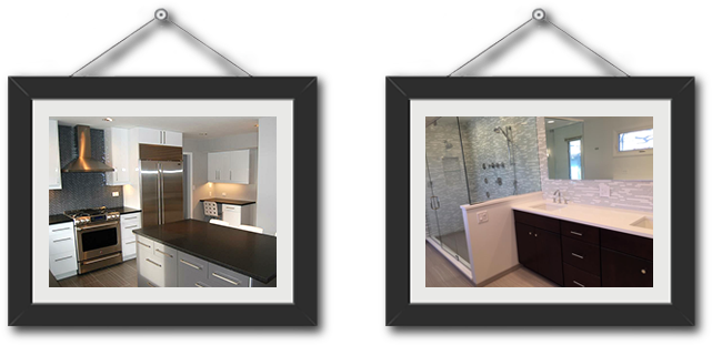 Two pictures of a kitchen and a bathroom are hanging on a wall.