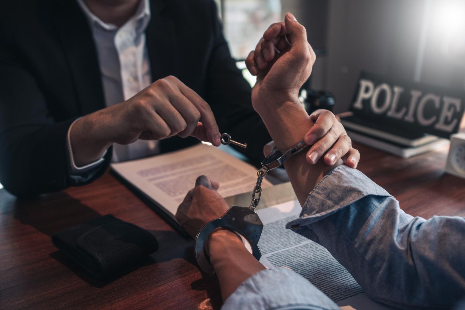 Police officer handcuffing a suspect at a table with a clipboard in a dim office