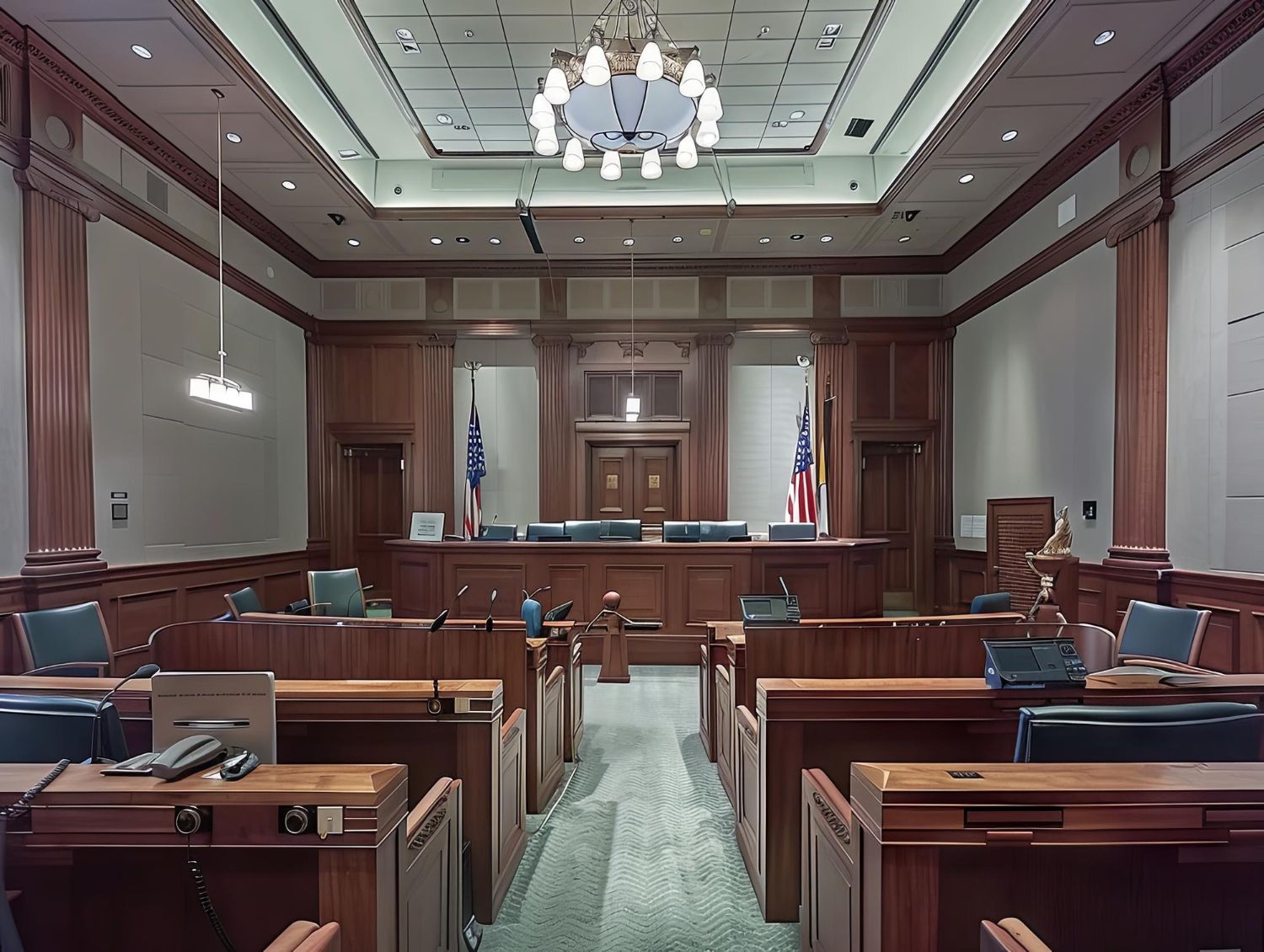 Empty courtroom with wooden benches, judge’s bench, flags, and chandelier in a formal hearing room.