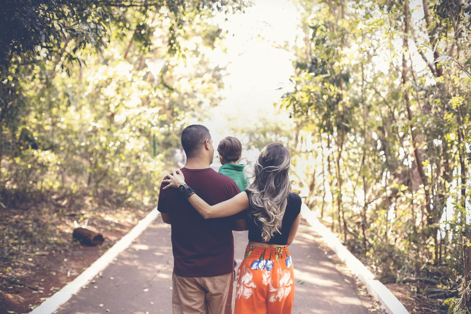 Three people walking down a sunlit forest path, seen from behind