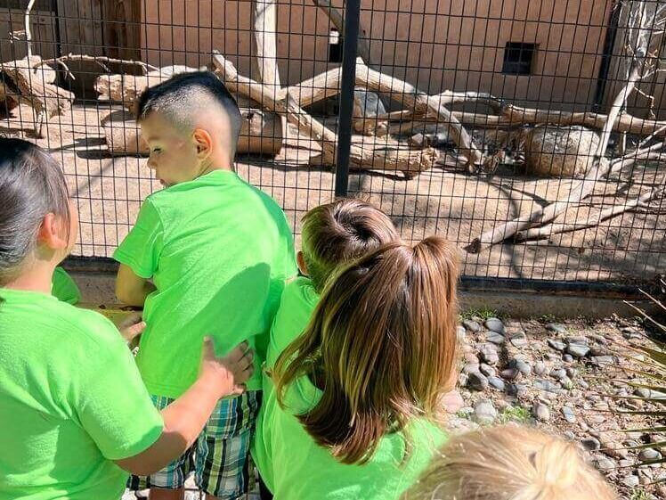 A group of children in green shirts are standing in front of a fence.