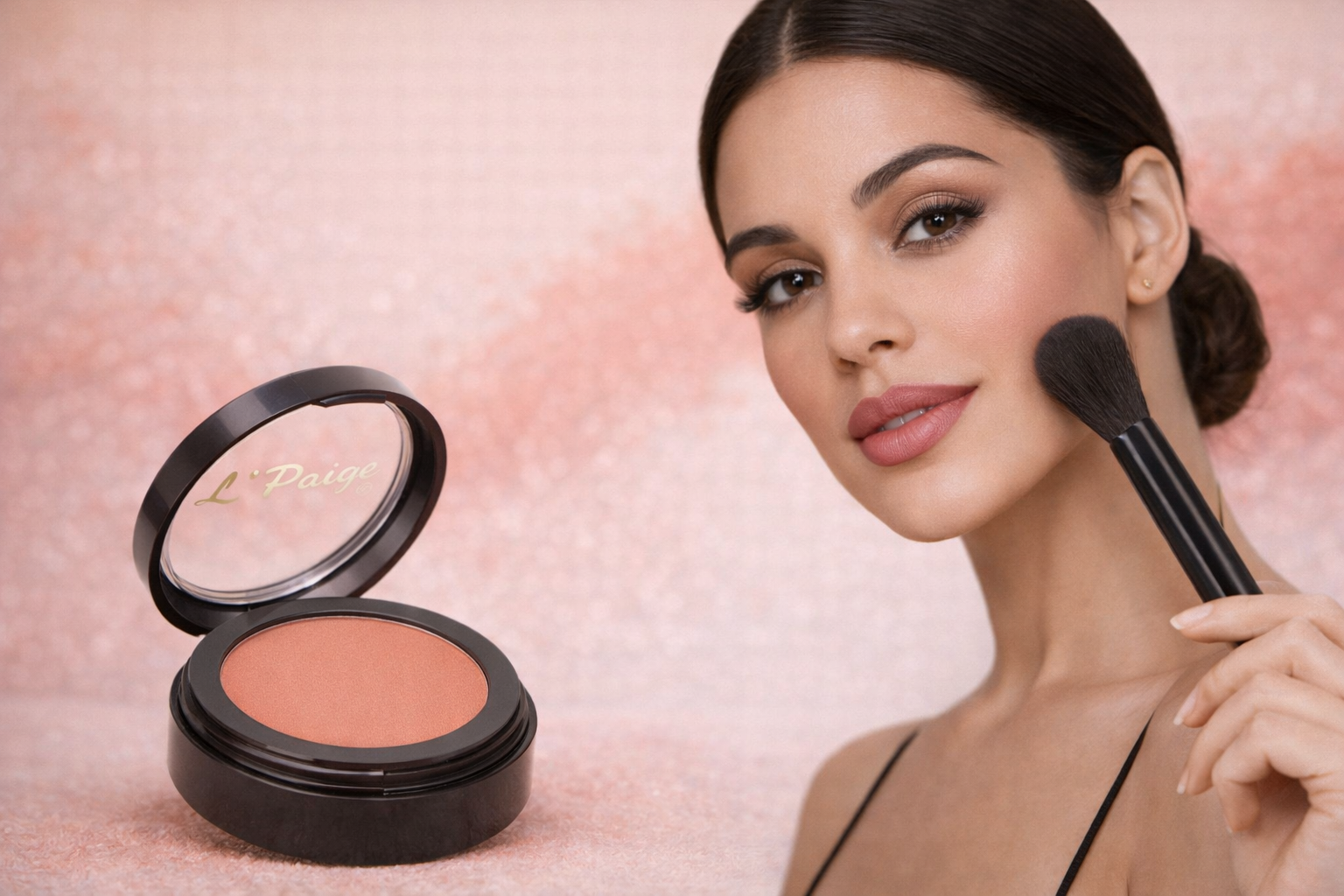A person applies soft pink blush to their cheek with a makeup brush, next to an open compact of the same blush product.