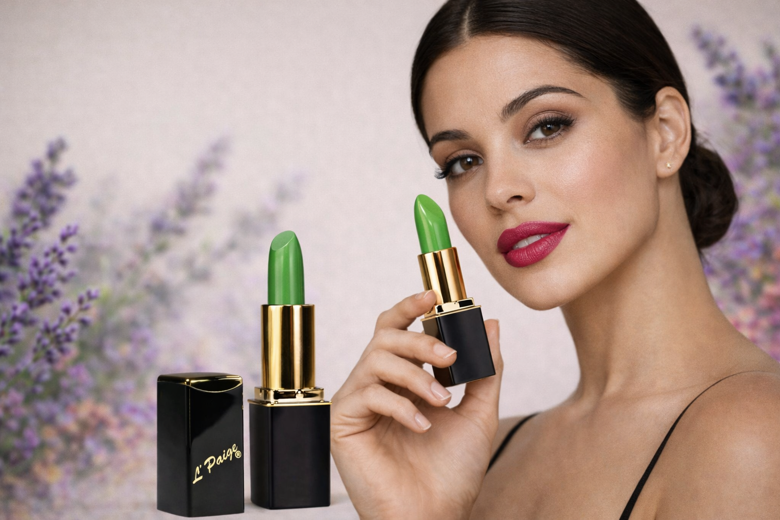 A person holds a green lipstick in front of a soft lavender backdrop, with a matching lipstick and case nearby.