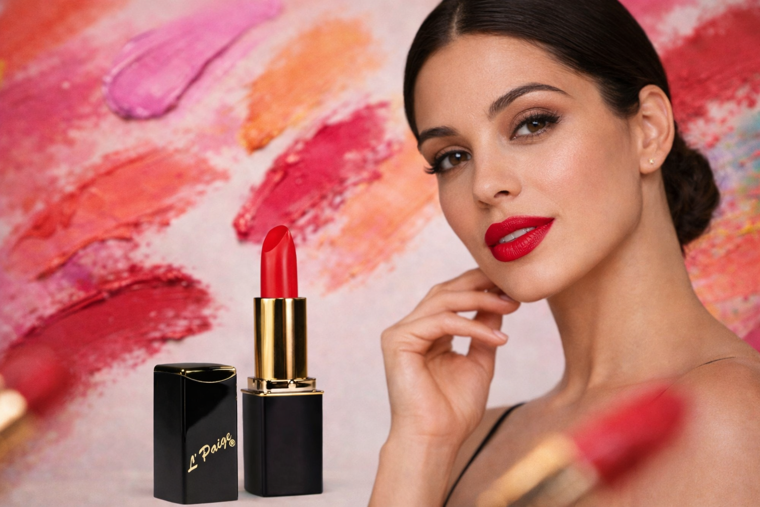 A person with red lipstick poses next to a matching tube of lipstick against a background of colorful makeup swatches.