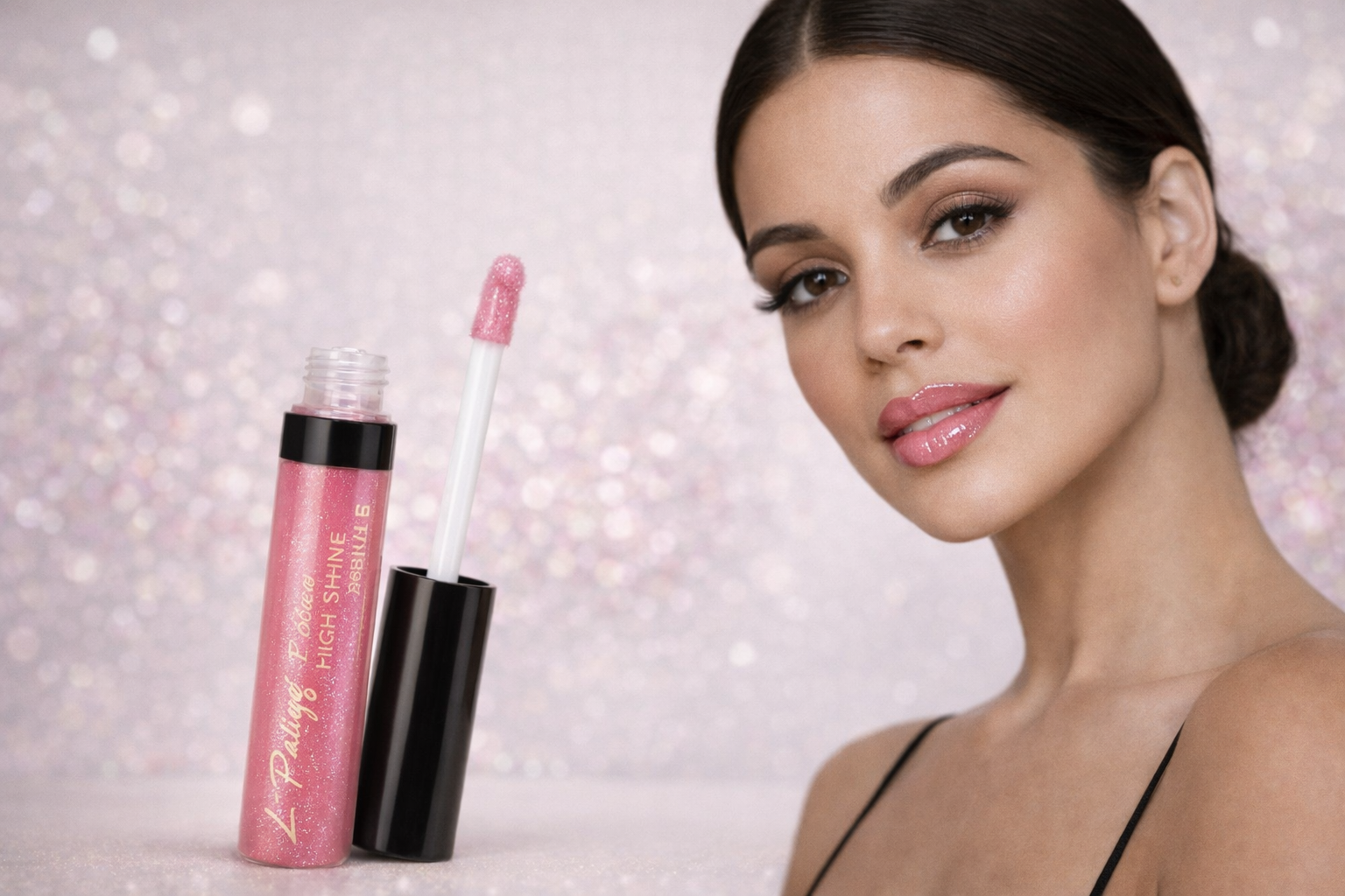 A model wearing pink lip gloss beside an open tube of lip gloss against a soft-focus, glittery, light-pink background.