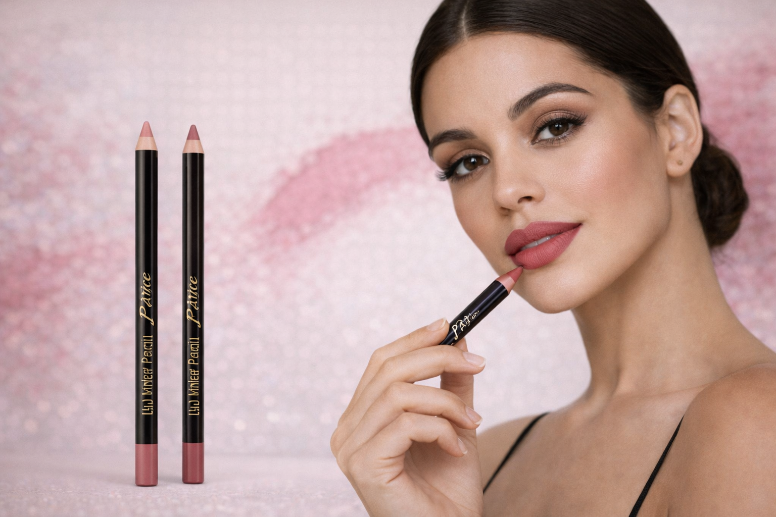 A woman applies a nude lip liner, with two lip pencils standing upright against a soft, textured pink background.
