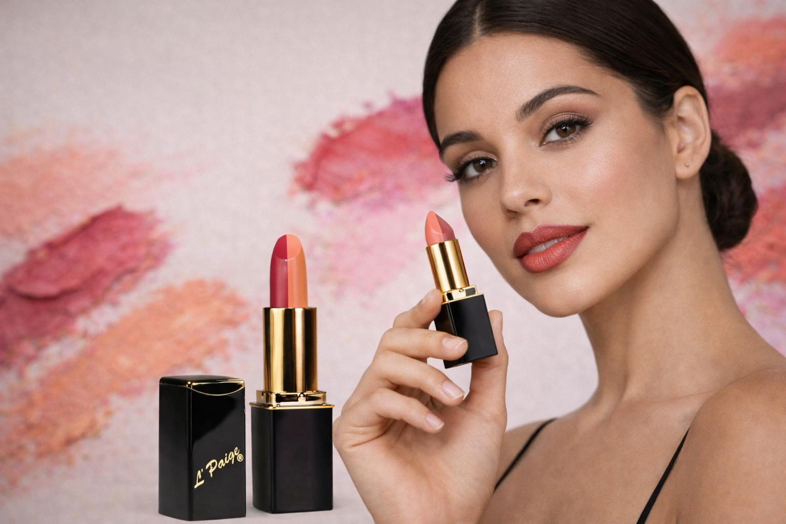 A person holds a dual-toned lipstick with pink and orange shades against a soft background with makeup swatches.
