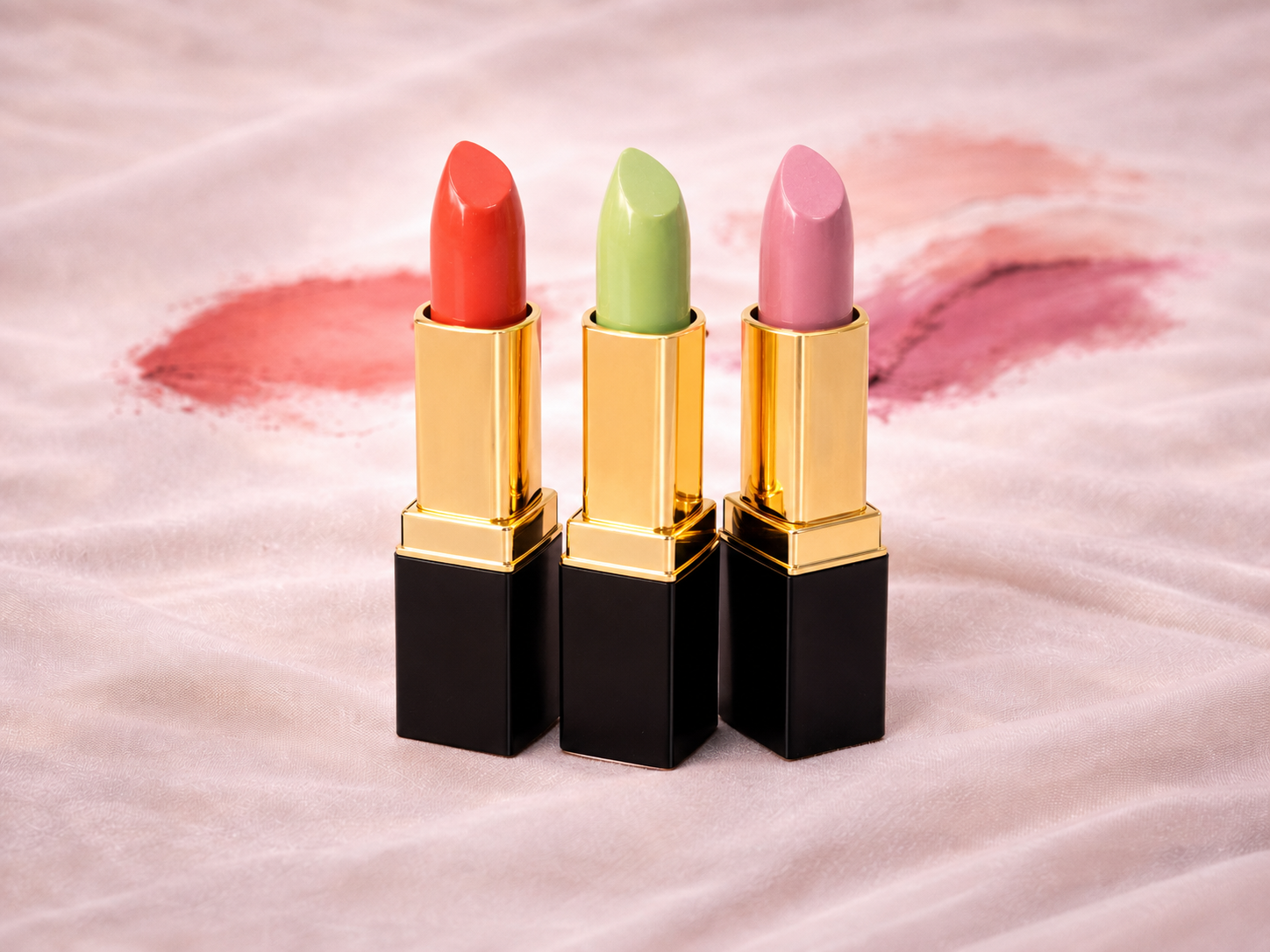 A woman applies a nude lip liner, with two lip pencils standing upright against a soft, textured pink background.