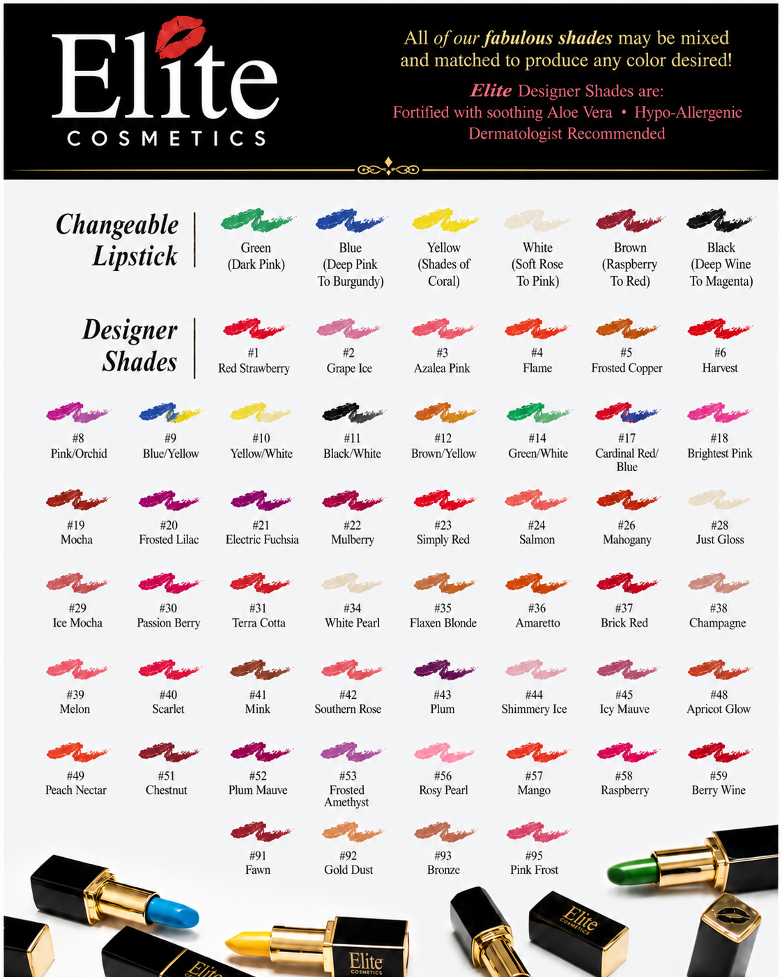 L'Paige lipstick color chart showing Designer, Split and Color-Changing Lipstick shades from Elite Cosmetics