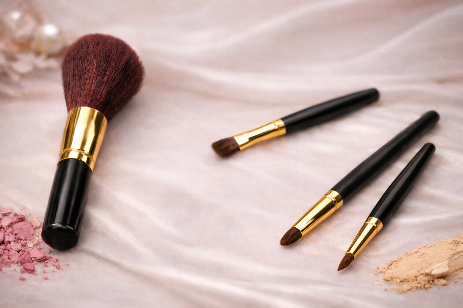Makeup brushes on a soft pink satin background with powder spilled nearby