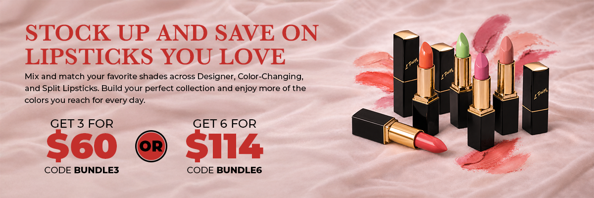 Lipstick sale ad with red text and lipstick tubes on a pink silky background, prices $60 and $114.