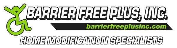 Logo for Barrier Free Plus, Inc.: a green wheelchair symbol with a person, text 