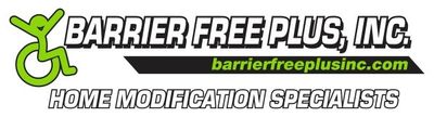 Logo for Barrier Free Plus, Inc.: a green wheelchair symbol with a person, text 