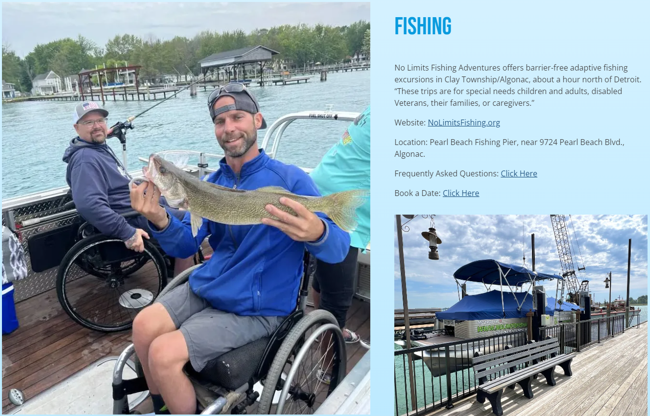 Two men in wheelchairs fishing on a boat, one holding a large fish. Waterfront setting.