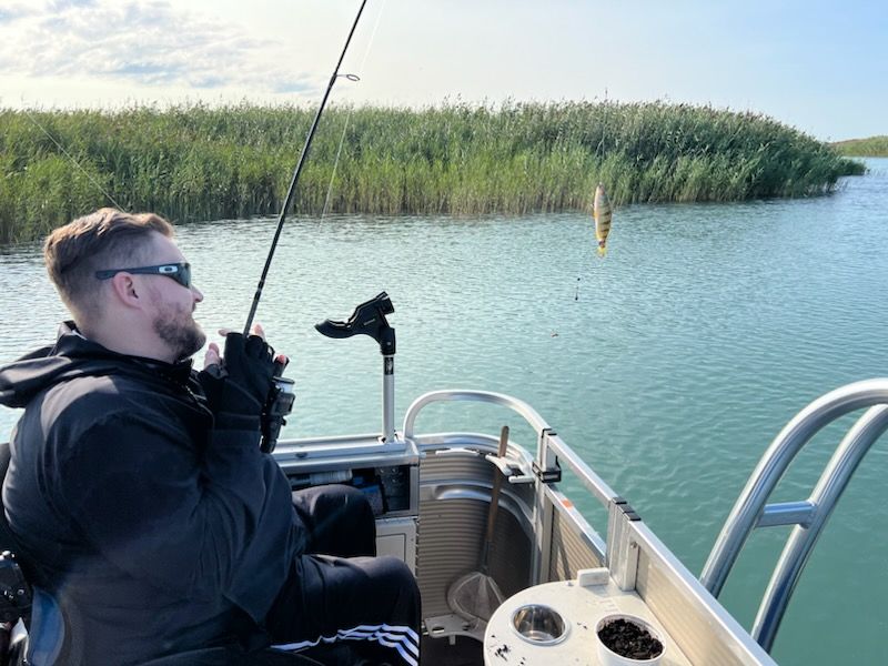Man fishing from a boat. He's holding a fishing rod, looking at the caught fish, water and tall reeds in background.