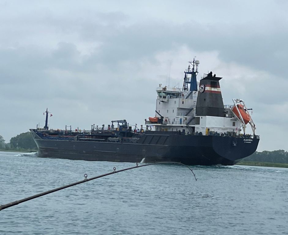 Large cargo ship sailing on a body of water under a cloudy sky.