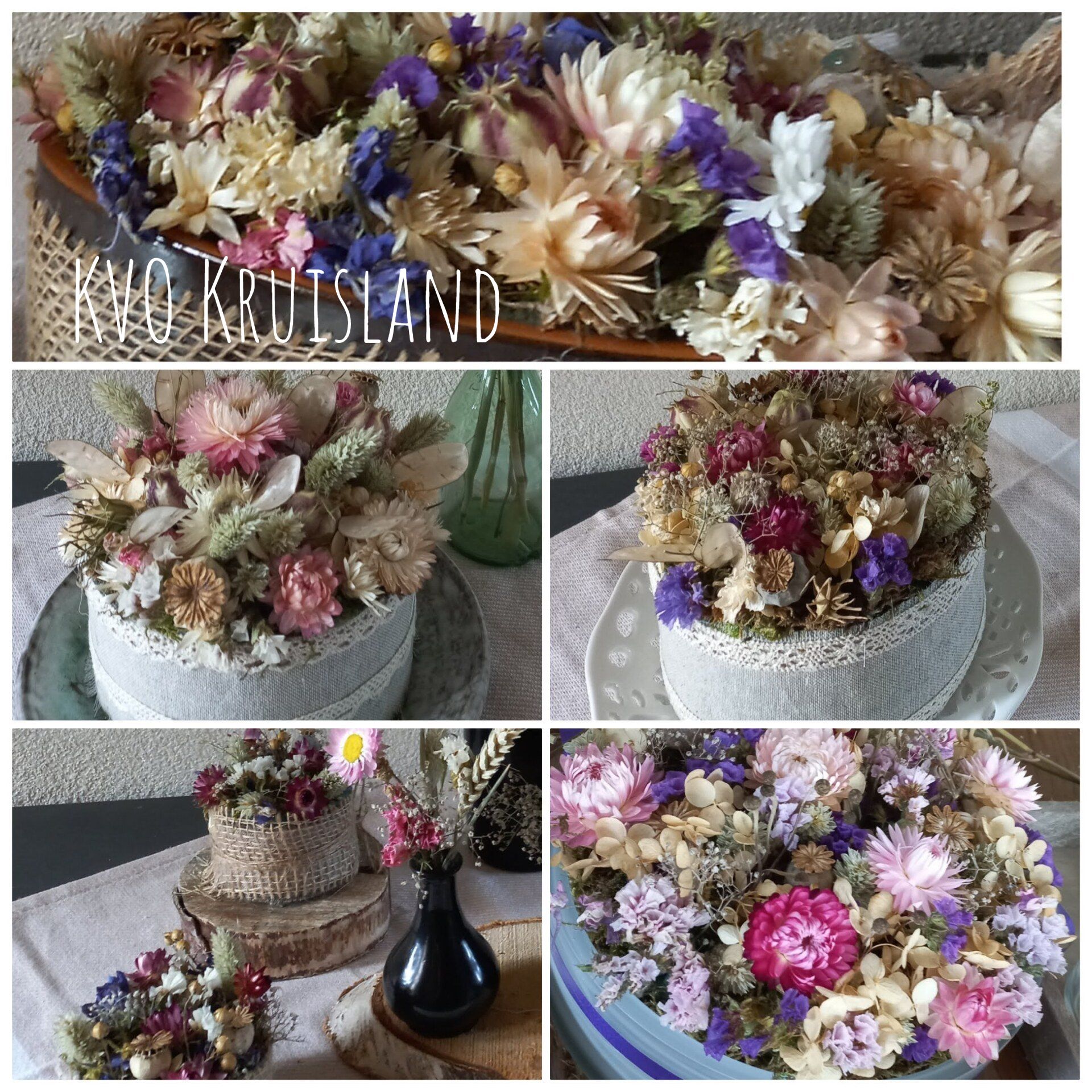 Arrangementen met gedroogde bloemen in diverse uitvoeringen. Kleurrijke gedroogde bloemen, waaronder paarse en roze.