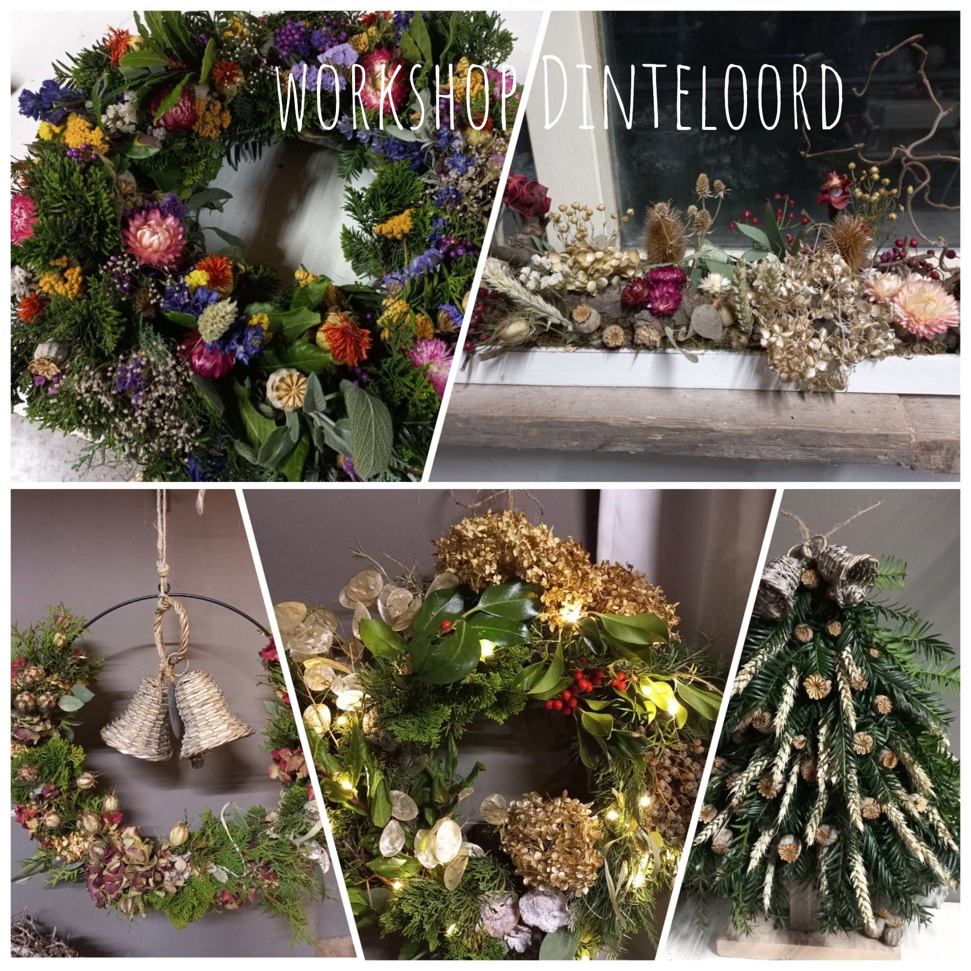Voorbeelden van workshops bloemschikken: kransen en decoraties met gedroogde en verse bloemen en groen.