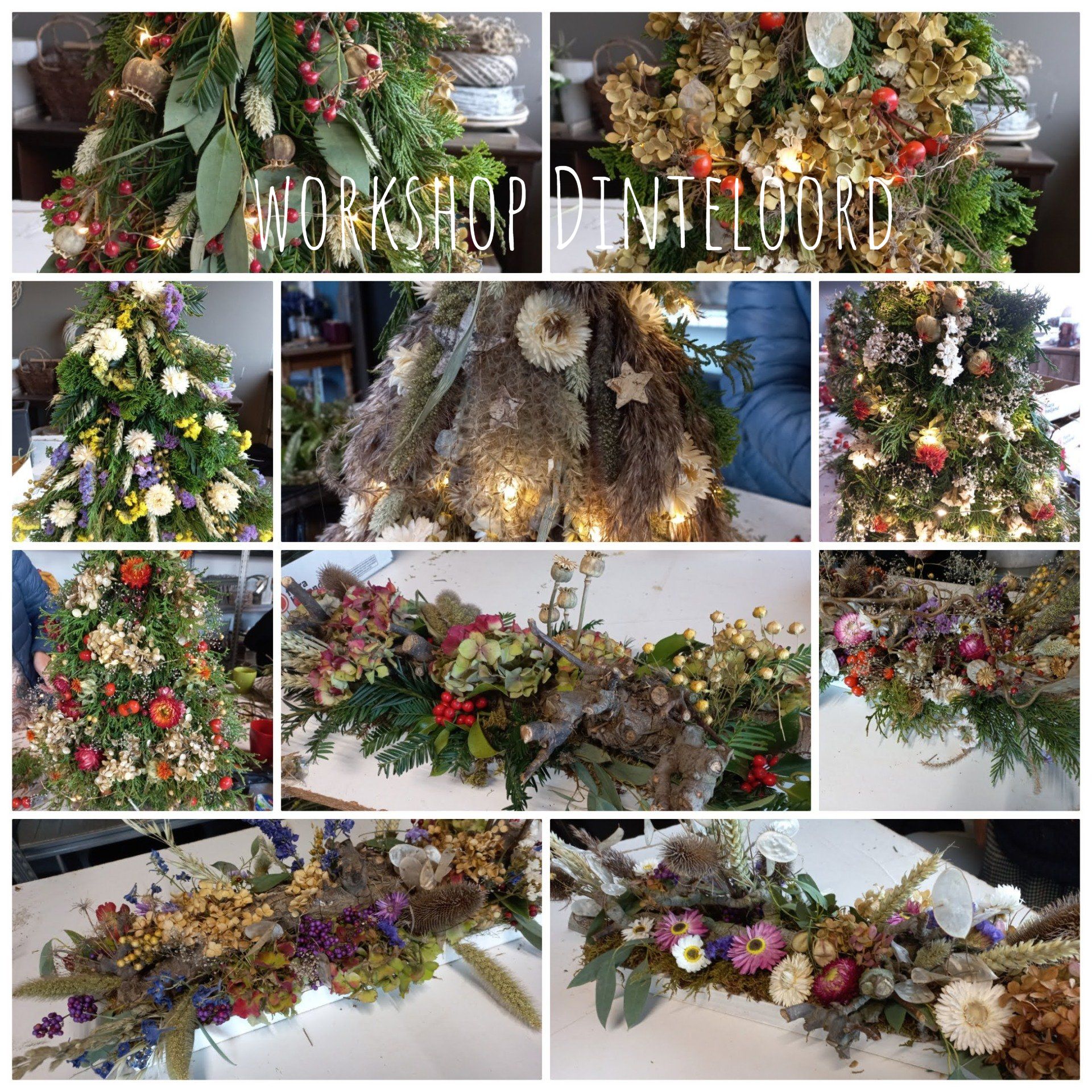 Collage van bloemstukken, waaronder kerstbomen en slingers met gedroogde bloemen en groen.