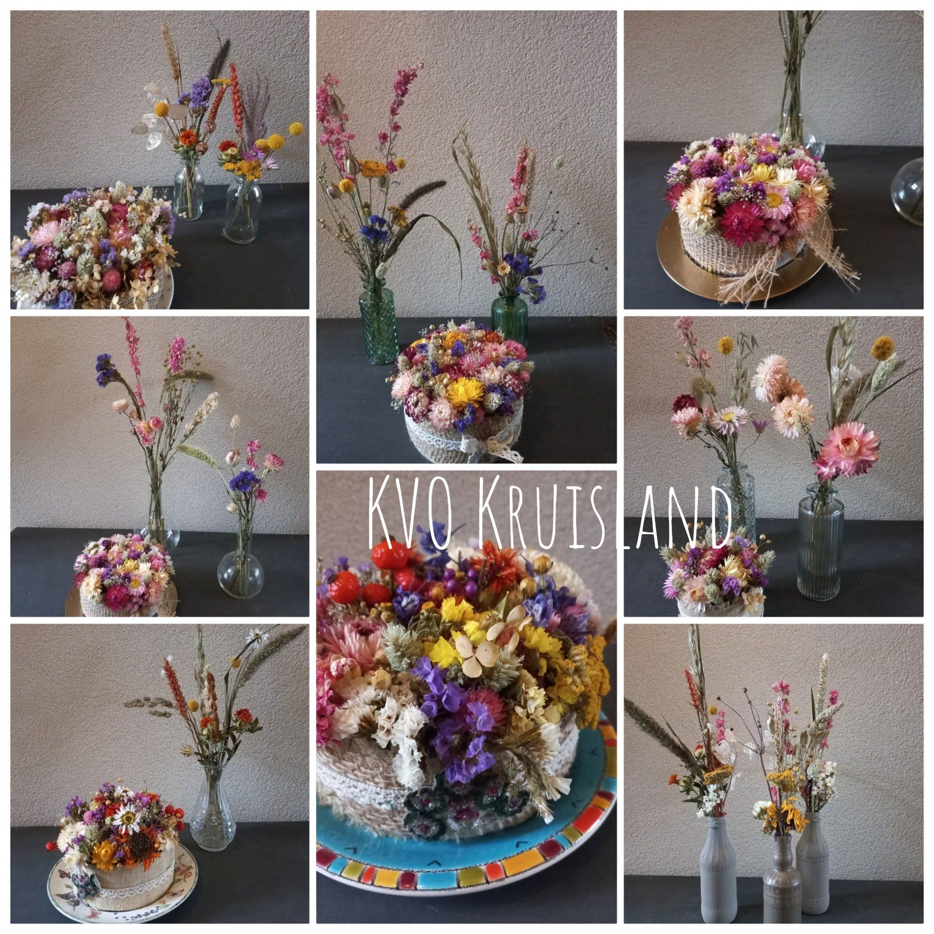 Negen arrangementen van gedroogde bloemen