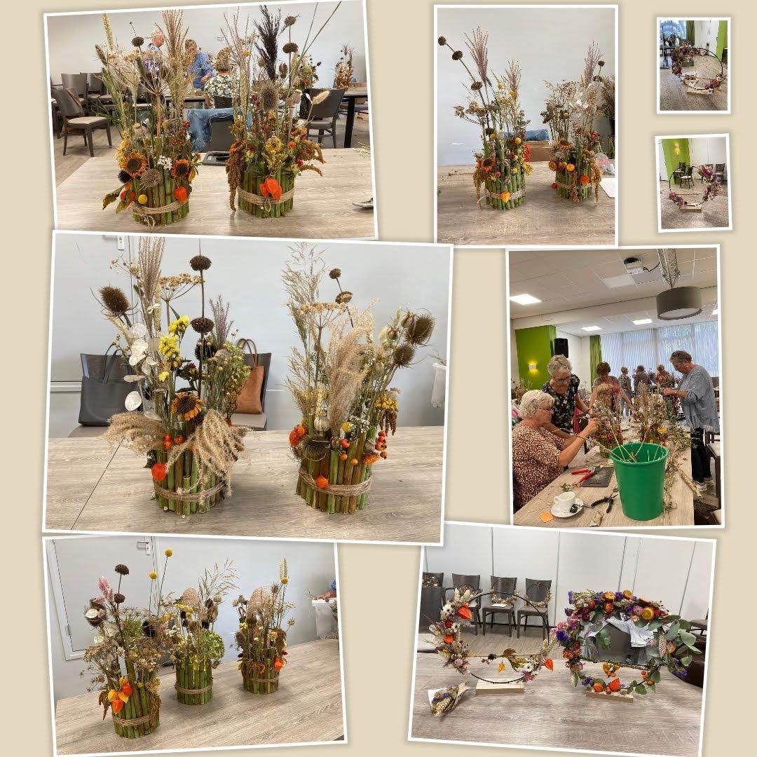 Collage: Mensen schikken herfstbloemen in een workshopomgeving. Diverse bloemstukken worden getoond.