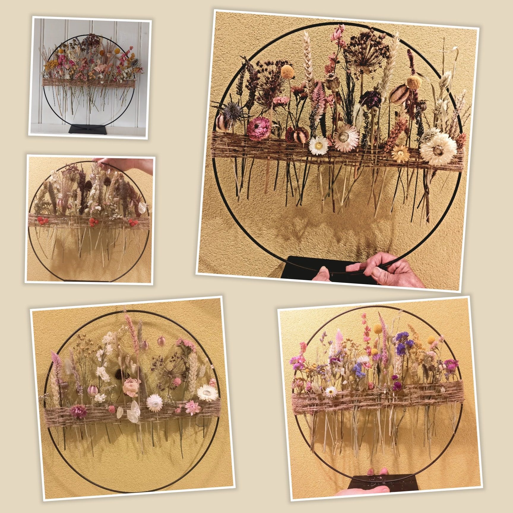 Collage van een bloemstuk: Gedroogde bloemen in een cirkelvormig frame, geplaatst op een geweven ondergrond.