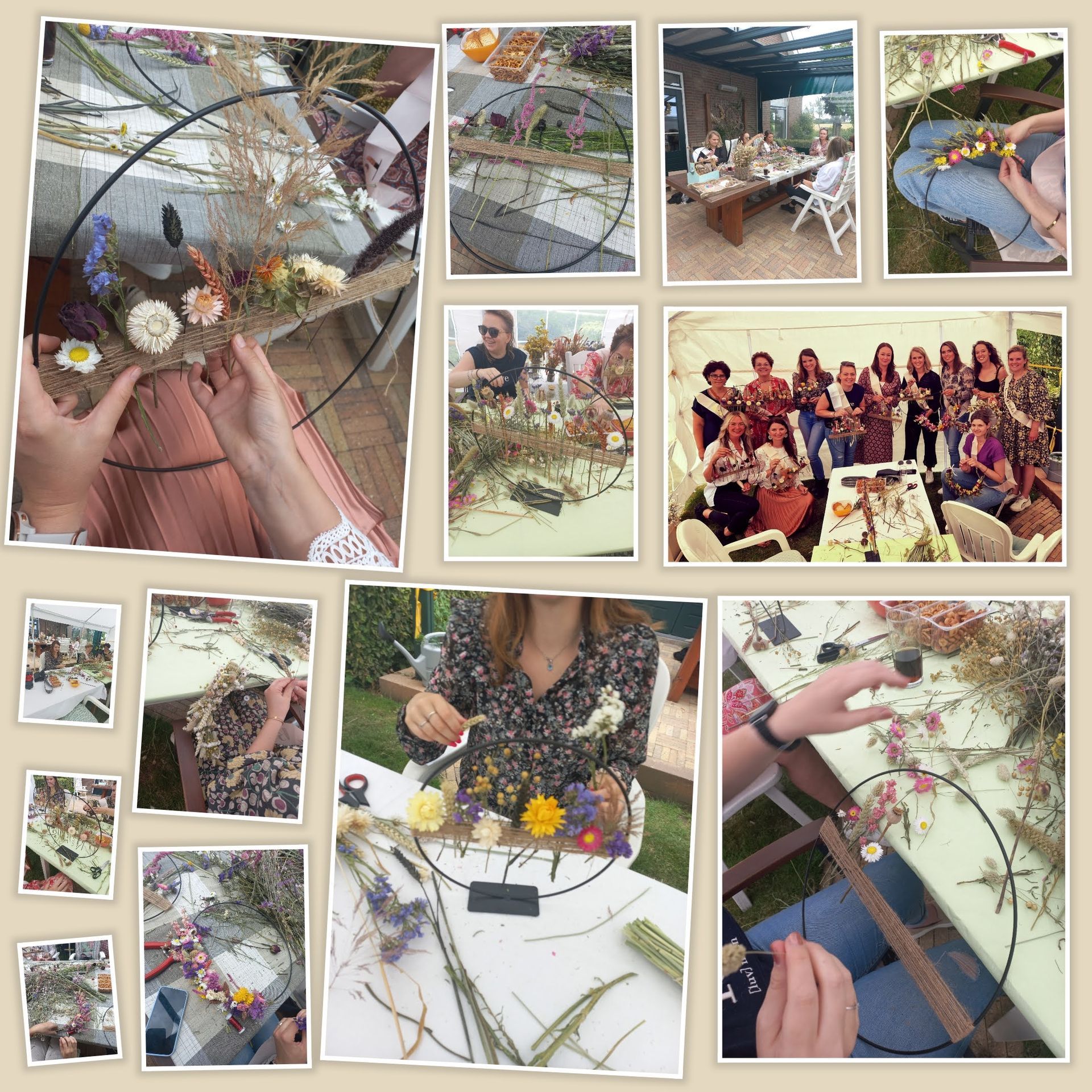 Collage van foto's: mensen die buiten in een workshop bloemenkransen maken van gedroogde bloemen.