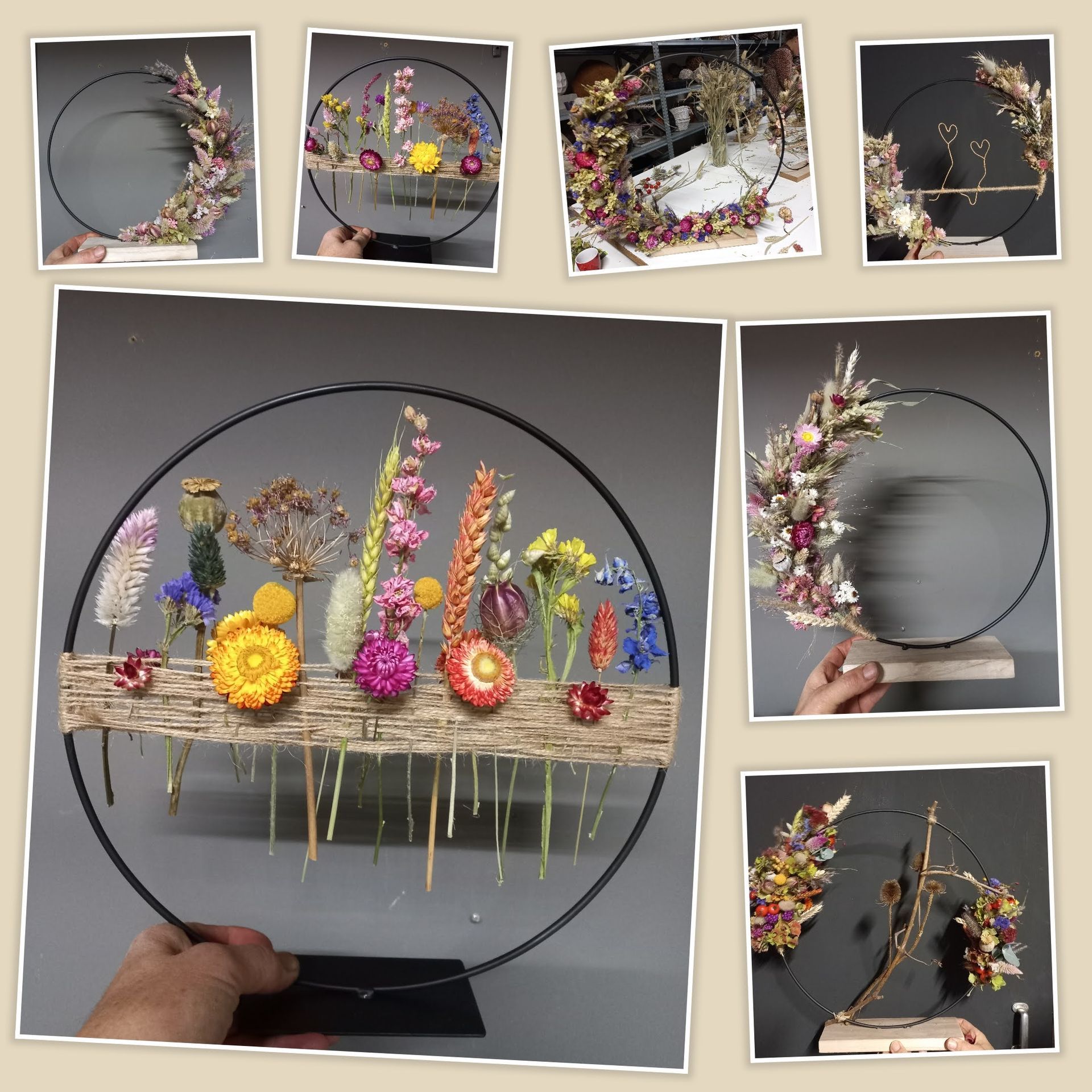 Collage van arrangementen met gedroogde bloemen in metalen ringen, vastgehouden door de handen. Diverse kleuren en stijlen.
