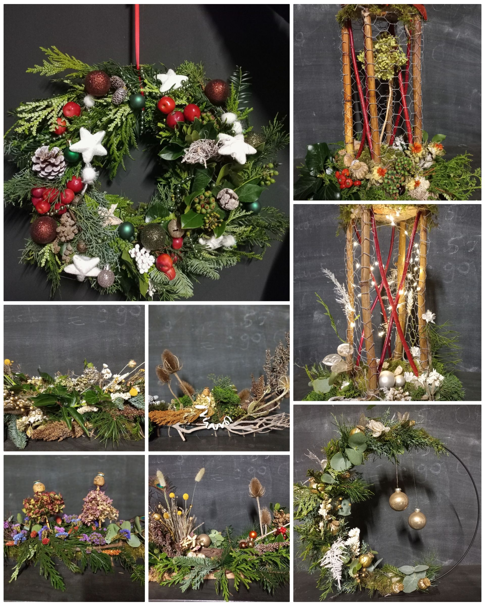 Collage van kerstbloemstukken, waaronder kransen en lantaarns met feestelijk groen, bessen en lichtjes.