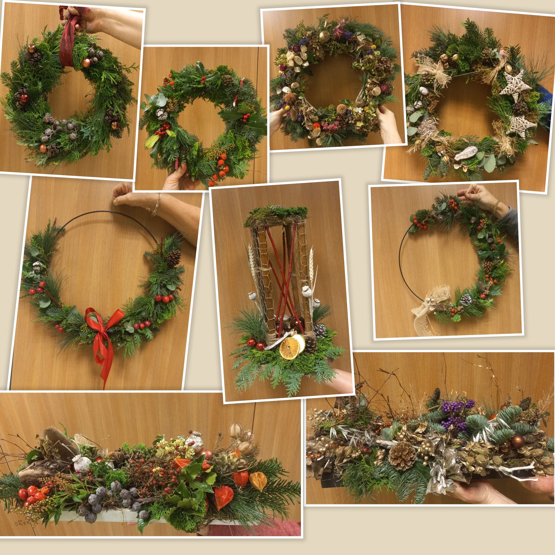 Collage van handgemaakte kerstbloemstukken, waaronder kransen en tafelstukken.