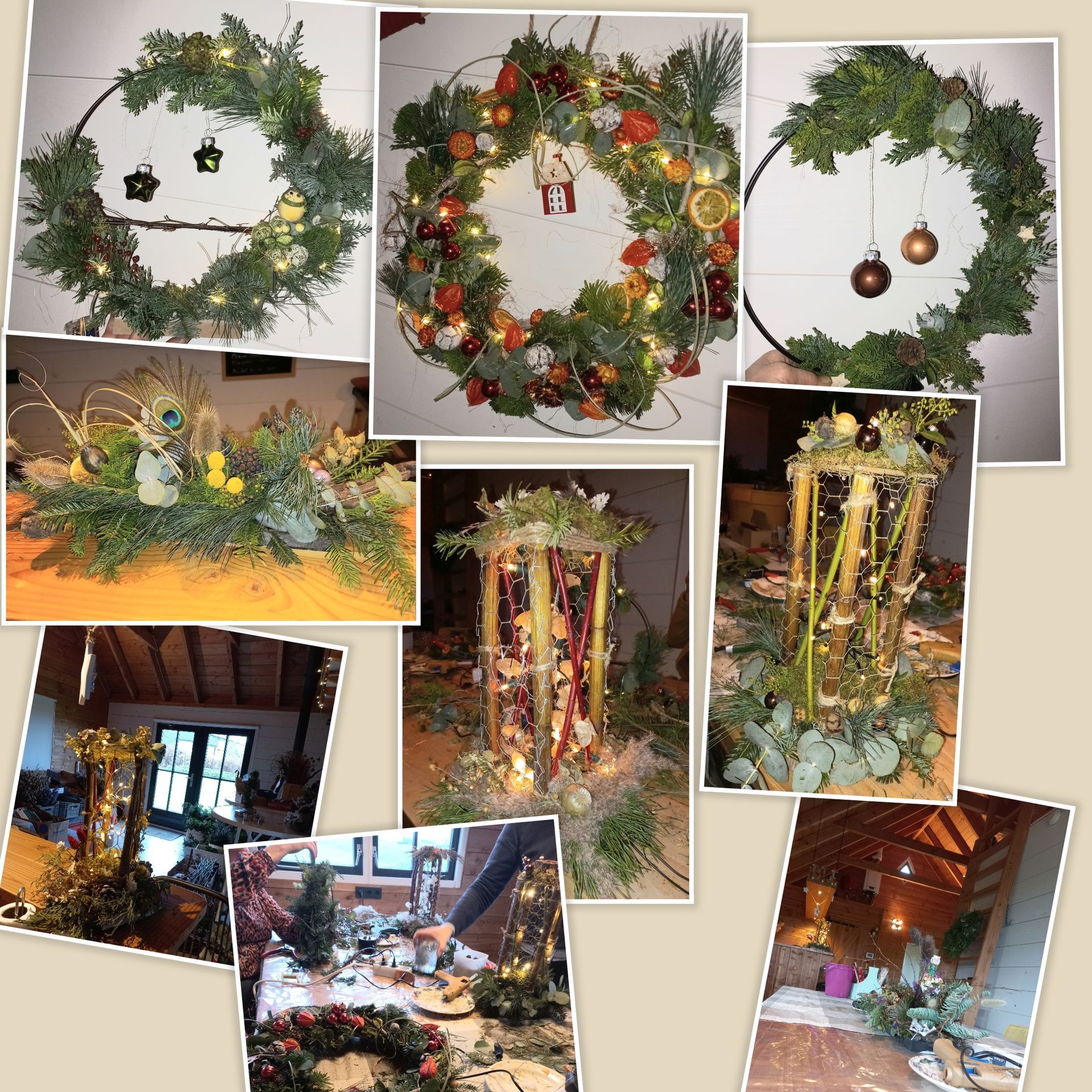 Collage van feestelijke versieringen: kransen, lantaarns en tafelstukken, allemaal met groen en lichtjes.