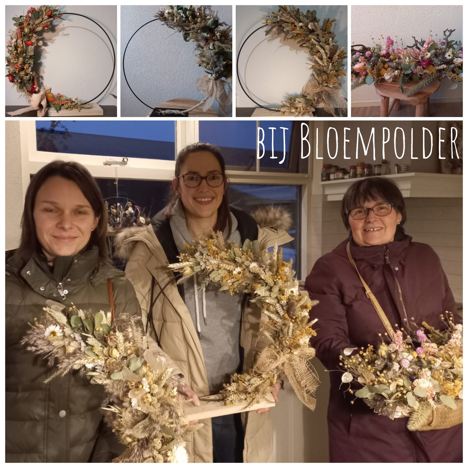 Mensen met bloemstukken en gedroogde kransen voor een raam. Op de afbeelding is een winkelnaam te zien.