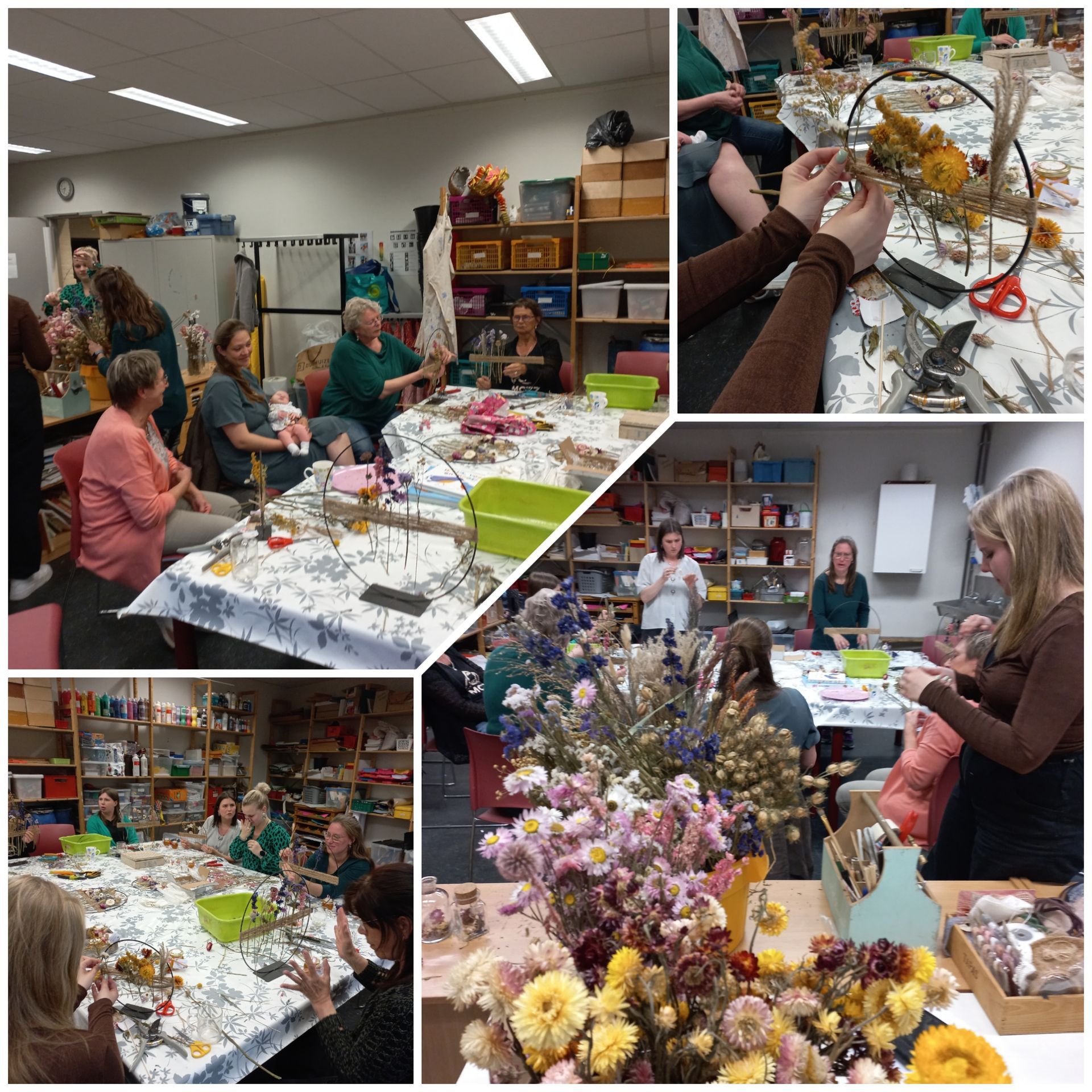 Collage: Mensen knutselen aan tafels met bloemen en materialen. Goed verlichte werkplaatsomgeving.