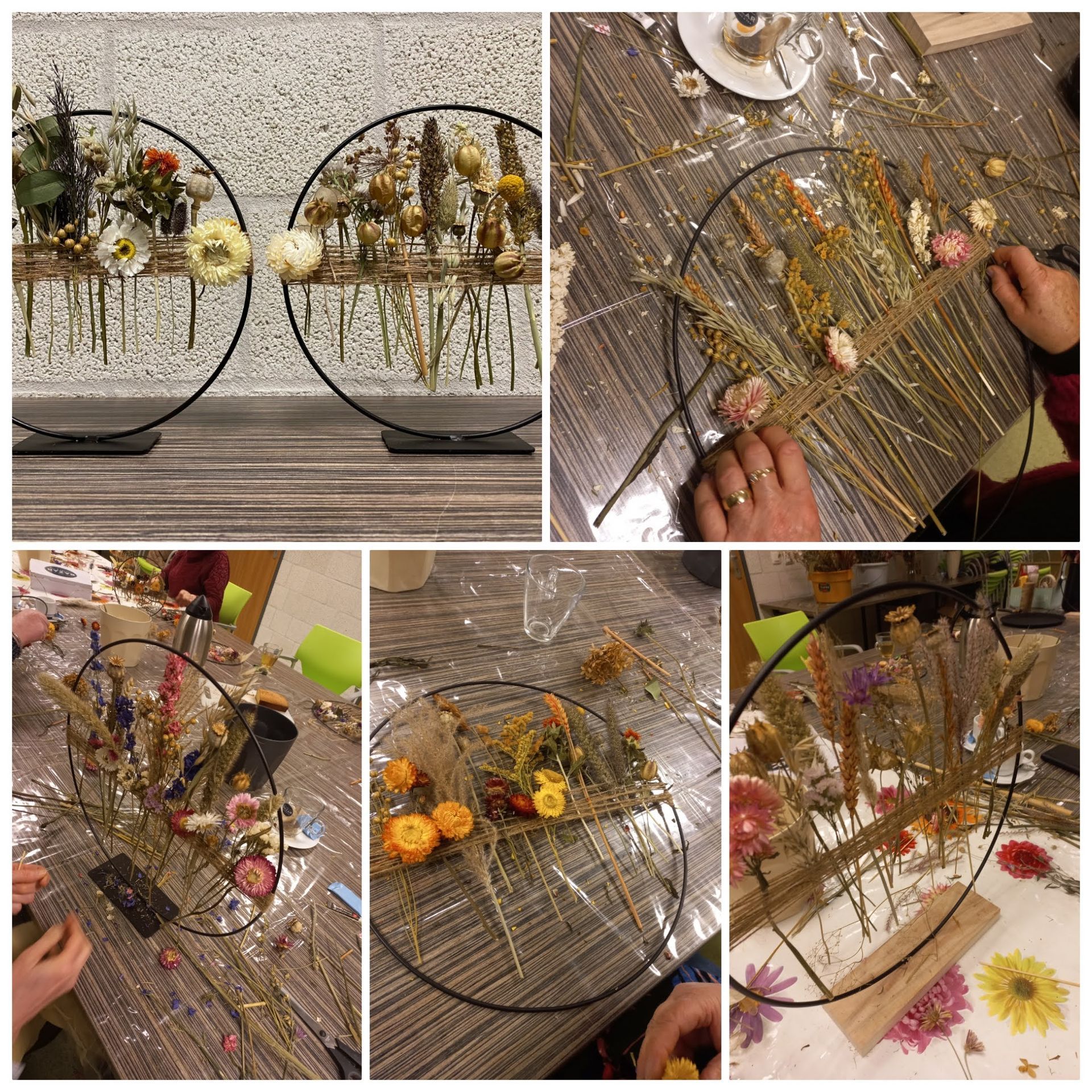 Collage van bloemstukken in wording, gemaakt met gedroogde bloemen op ronde frames.
