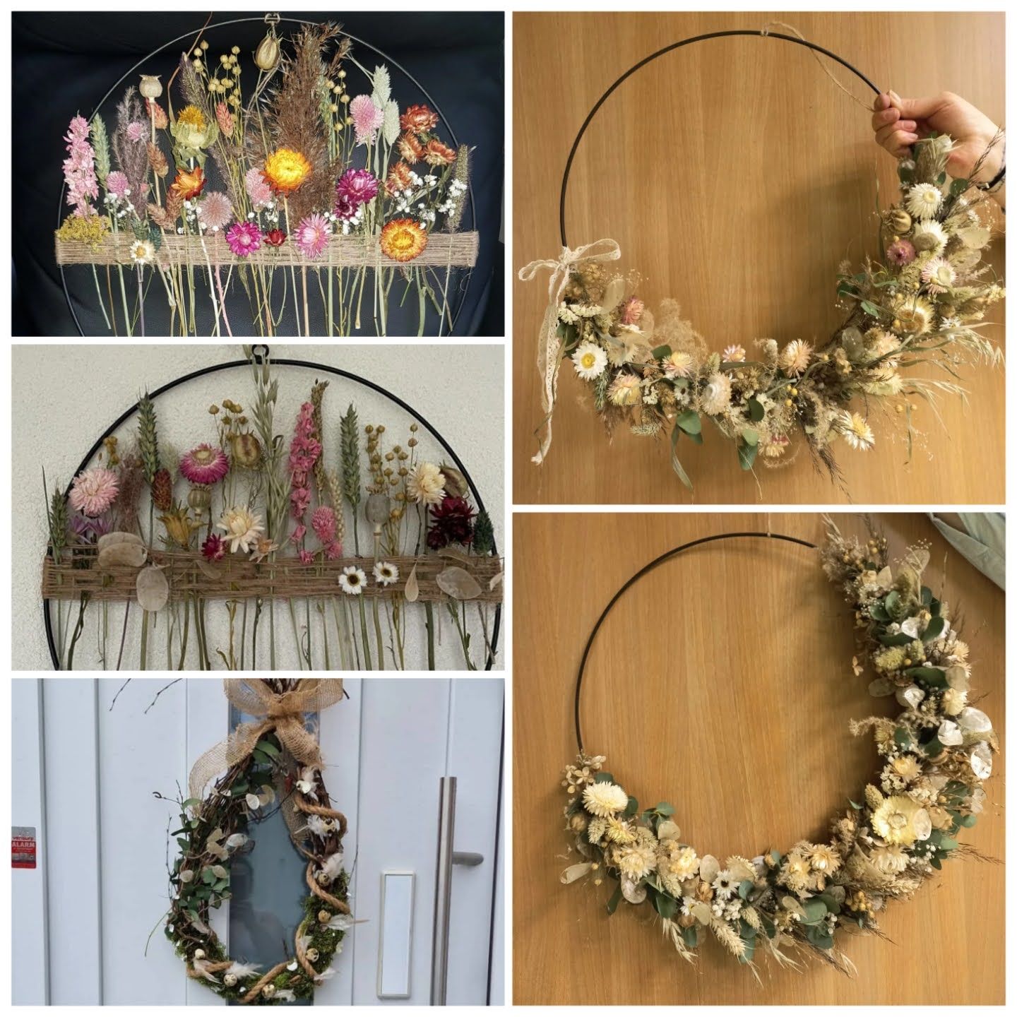 Vier kransen van gedroogde bloemen, gerangschikt op metalen ringen en natuurlijke structuren.