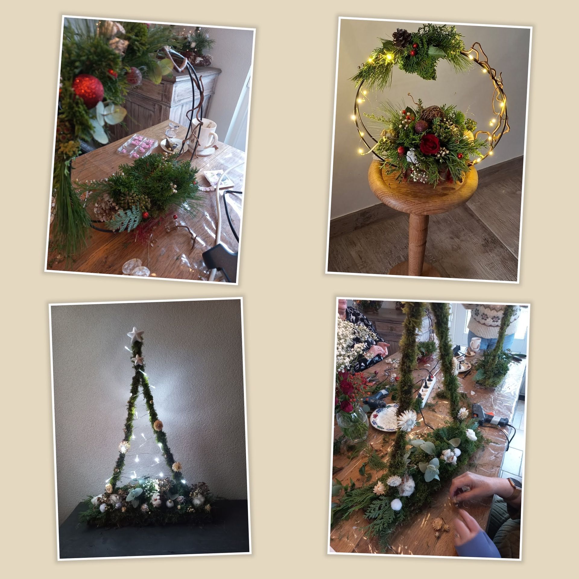 Vier kerstbloemstukken: krans, kerstboom, slinger en tafeldecoratie.