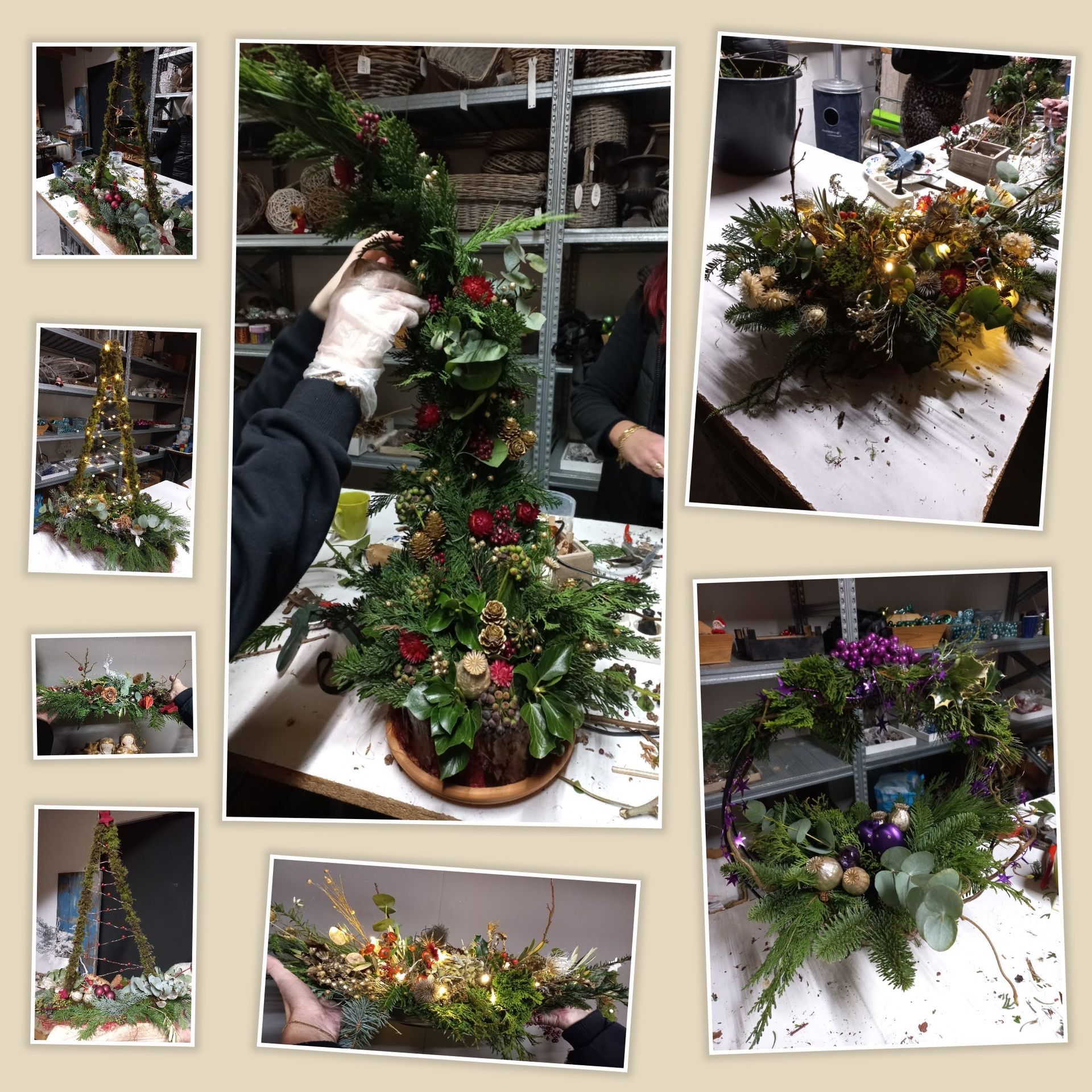 Collage van kerstbloemstukken die in een werkplaats worden samengesteld. Diverse soorten groen, lampjes en versieringen.