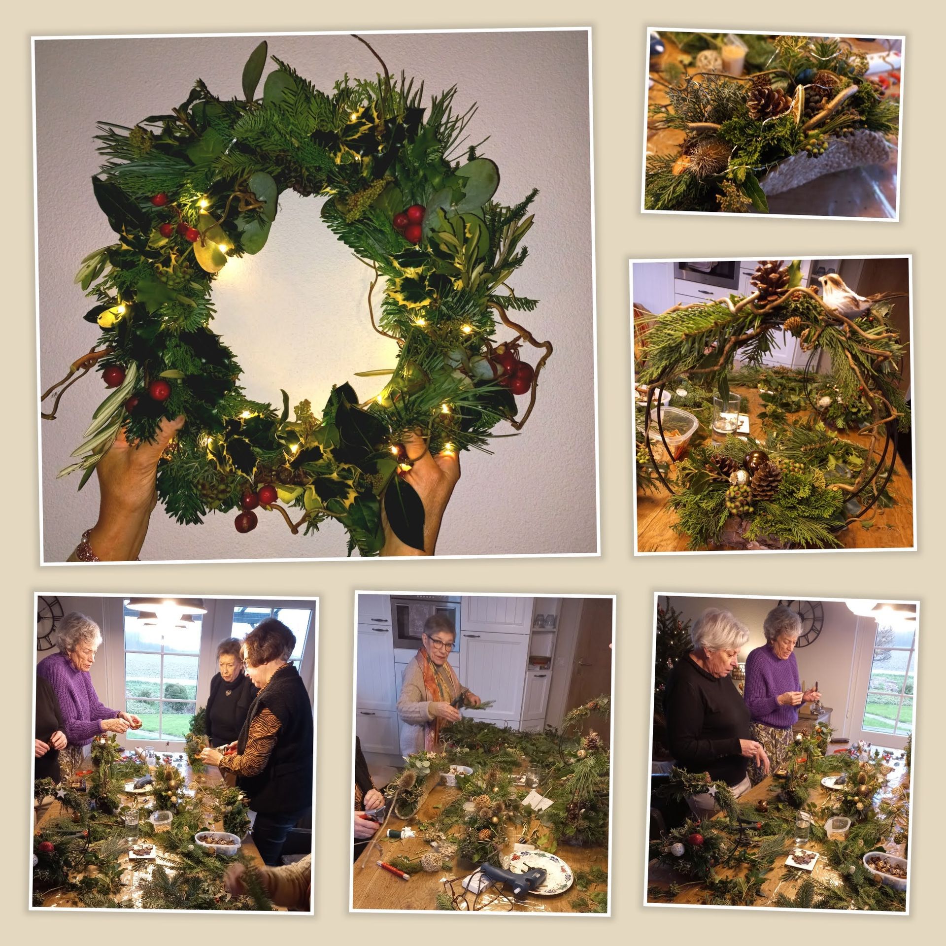 Collage van mensen die kransen maken met groen en lichtjes.