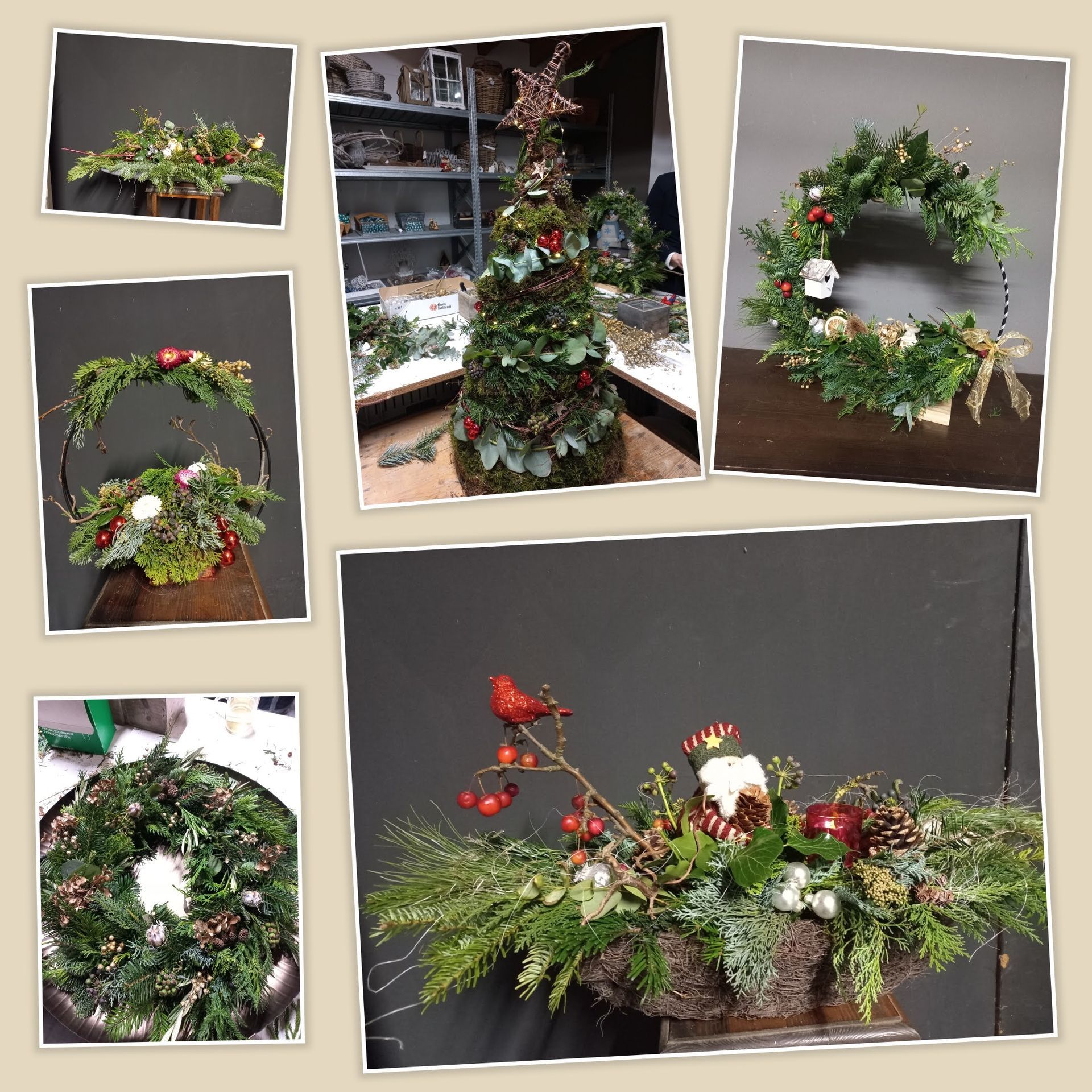 Collage van kerstbloemstukken met kransen, tafelstukken en een vormgesnoeide struik, met rode en groene accenten.