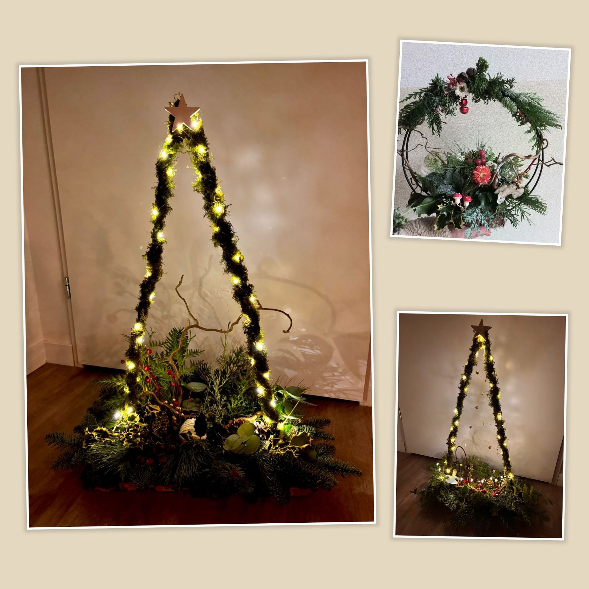 Collage van kerstversieringen: verlichte kerstboom, krans met bloemen en nog een kerstboom.