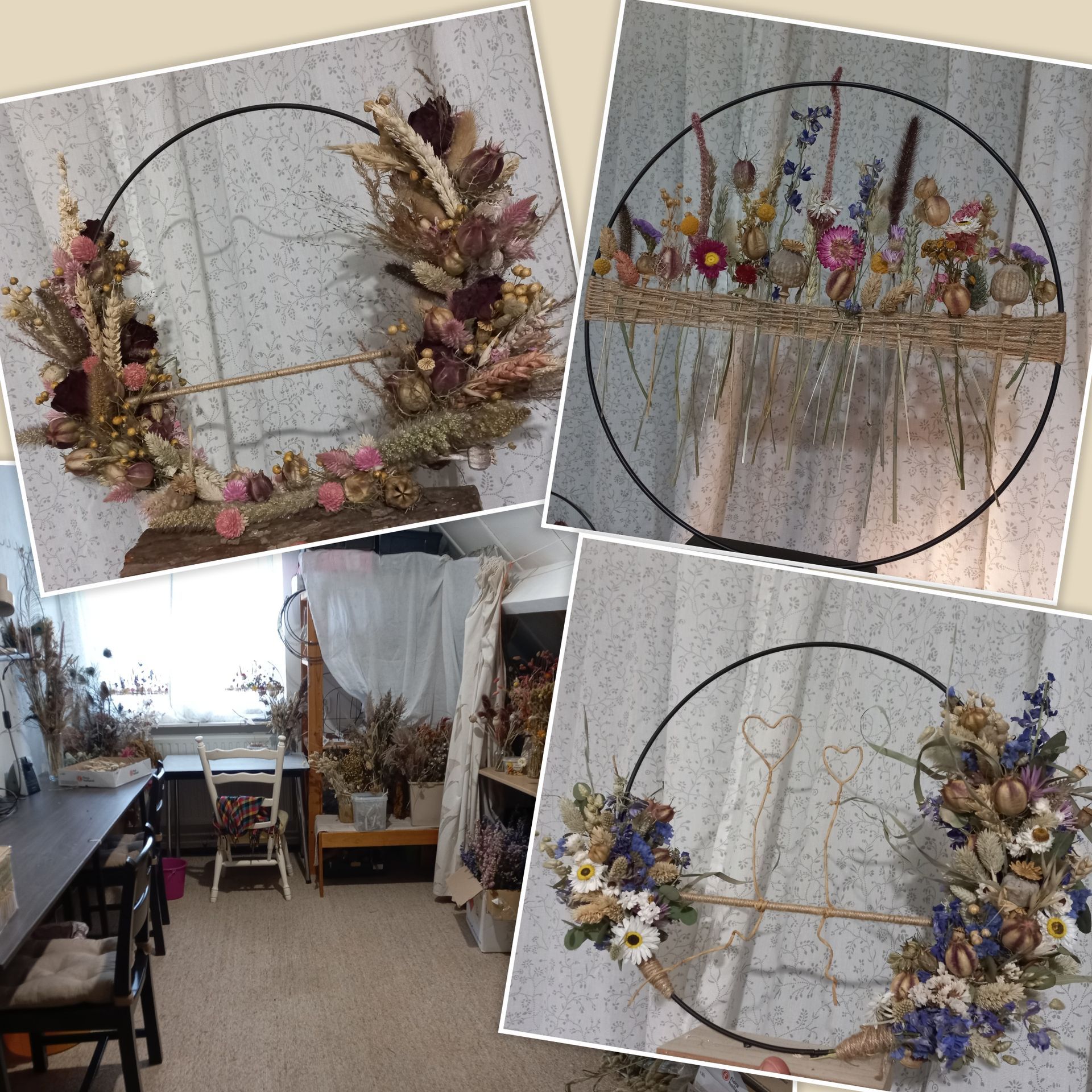 Collage van bloemenkransen en een werkplaatsinterieur. Gedroogde bloemen zijn op metalen ringen gerangschikt.