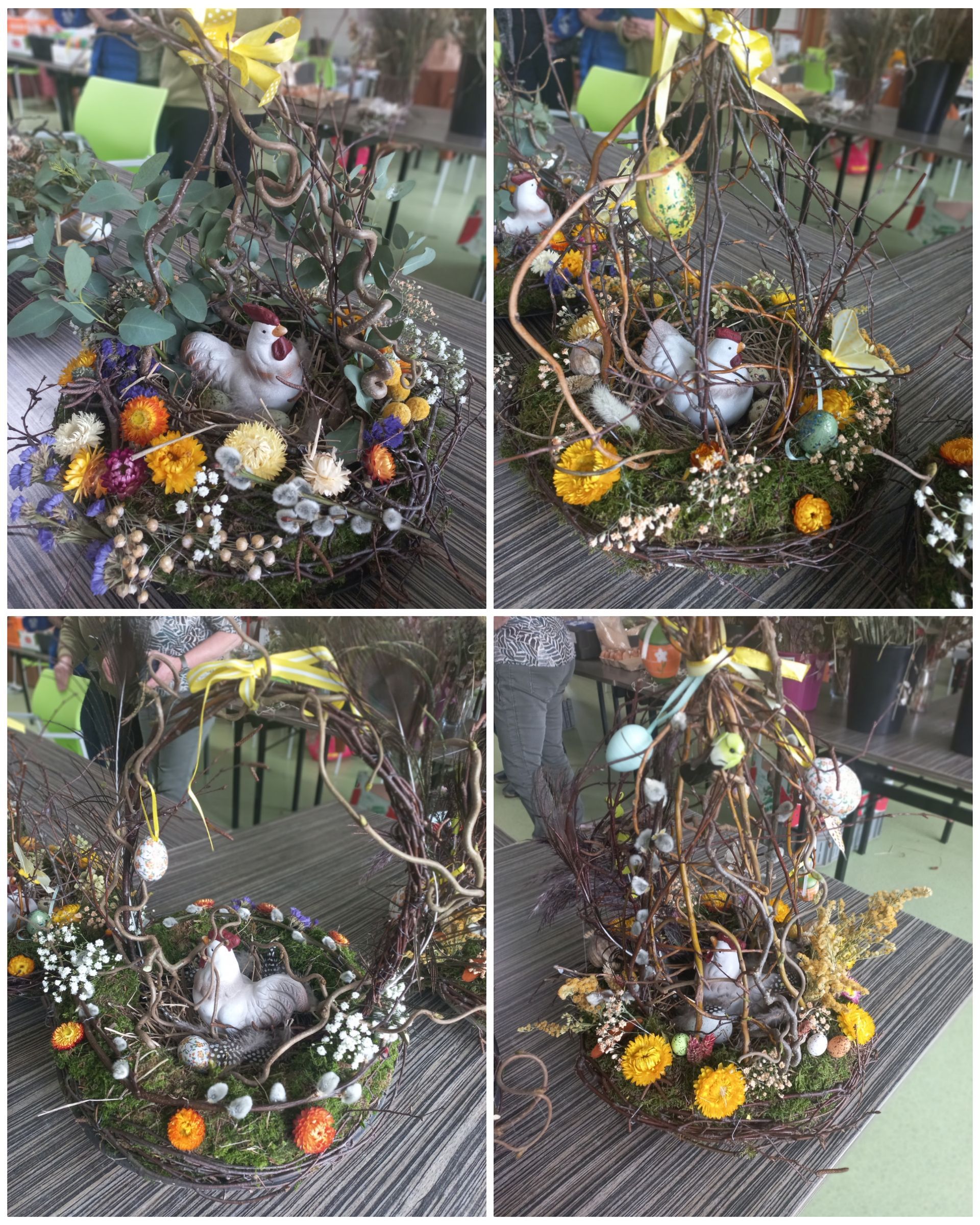 Paasdecoraties in de vorm van een nest met eieren en vogels; vanuit verschillende hoeken.