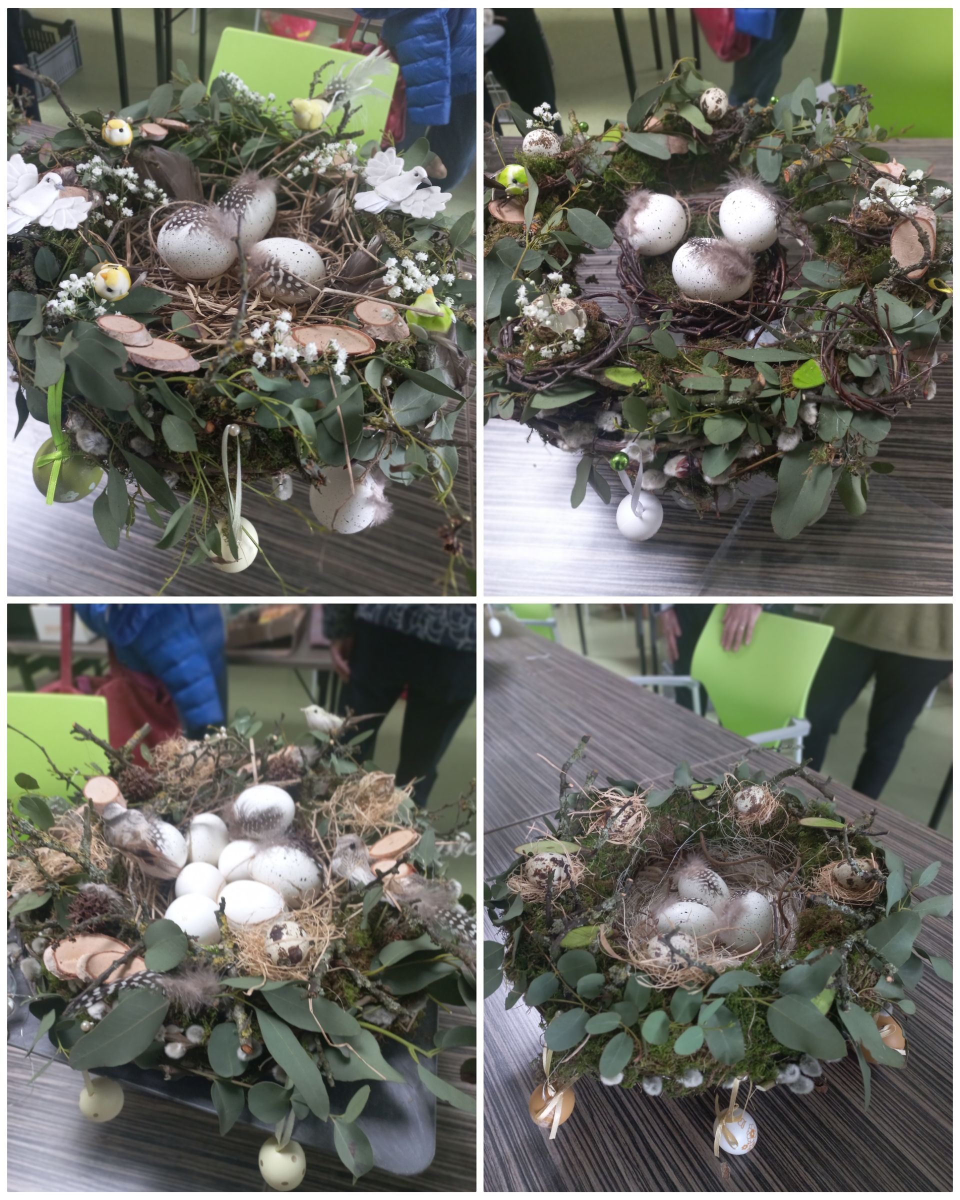 Vier afbeeldingen van paasbloemstukken, met nestjes met eieren, groen en kleine versieringen.