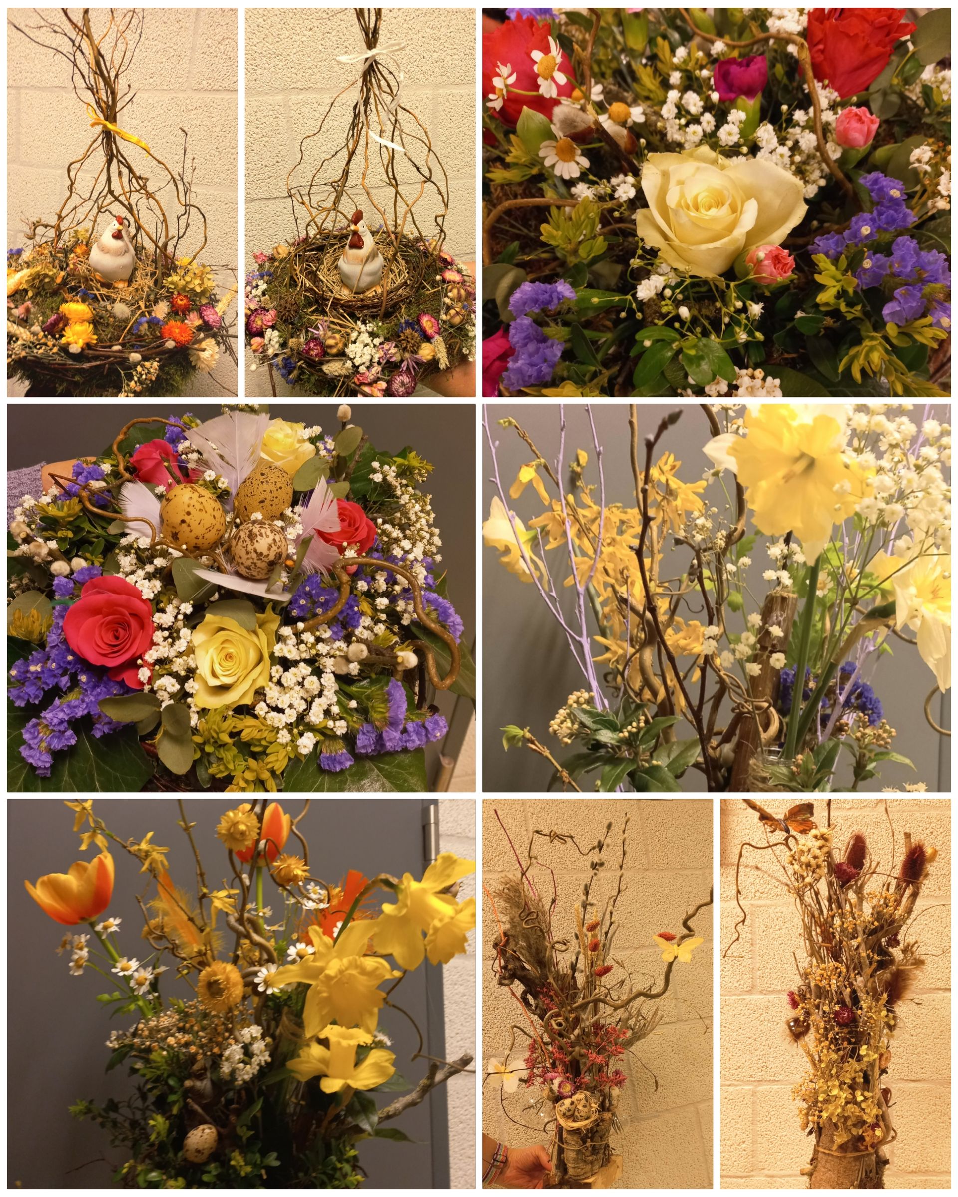 Een arrangement van diverse kleurrijke bloemen, waaronder rozen, tulpen en groen, in verschillende stijlen.