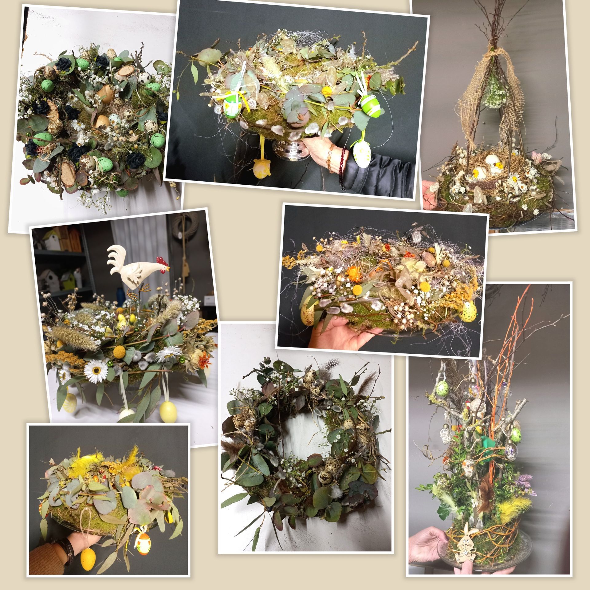 Collage van paasbloemstukken met eieren, takken en groen.