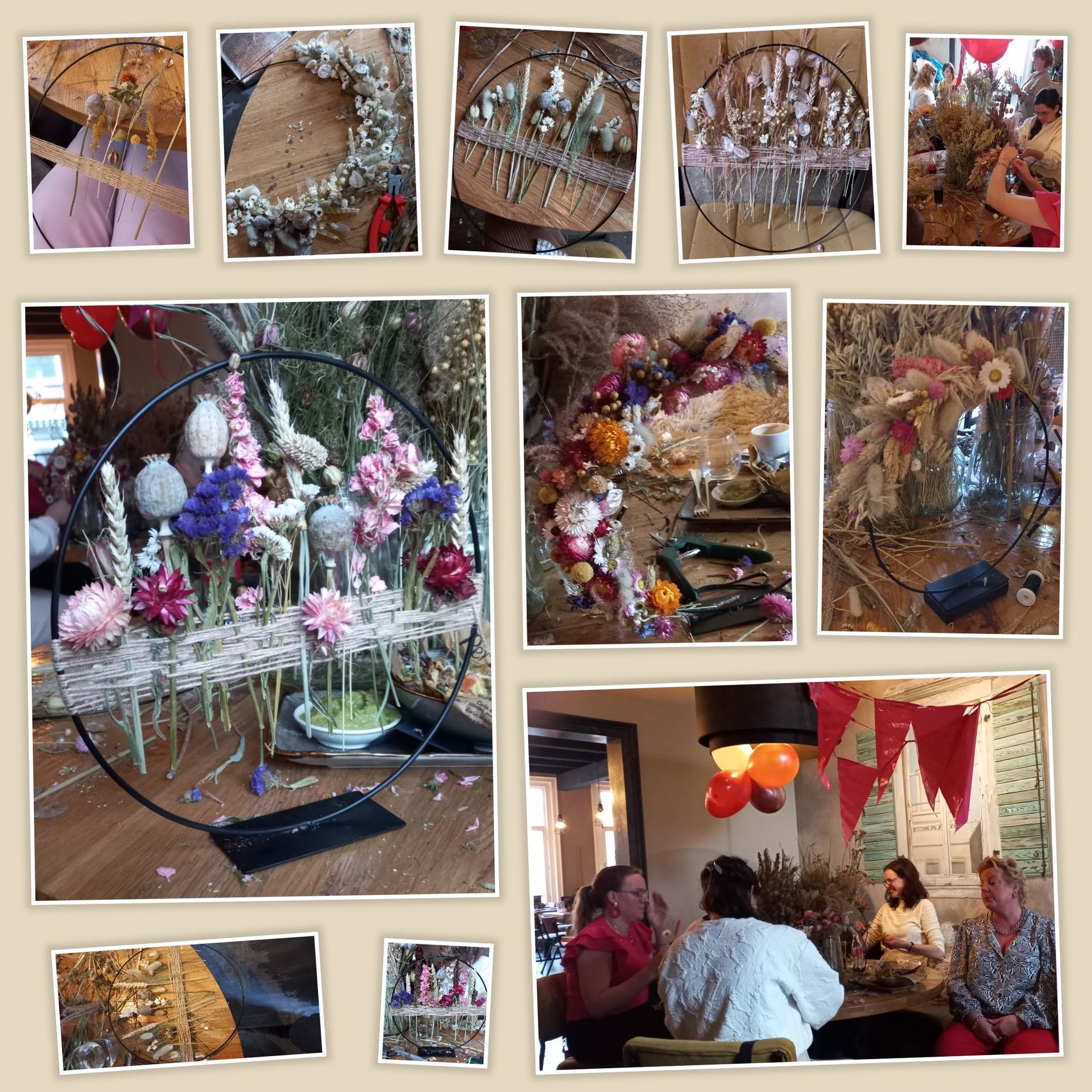 Collage van arrangementen met gedroogde bloemen, sommige in kransen, en mensen die binnen bijeen zijn.