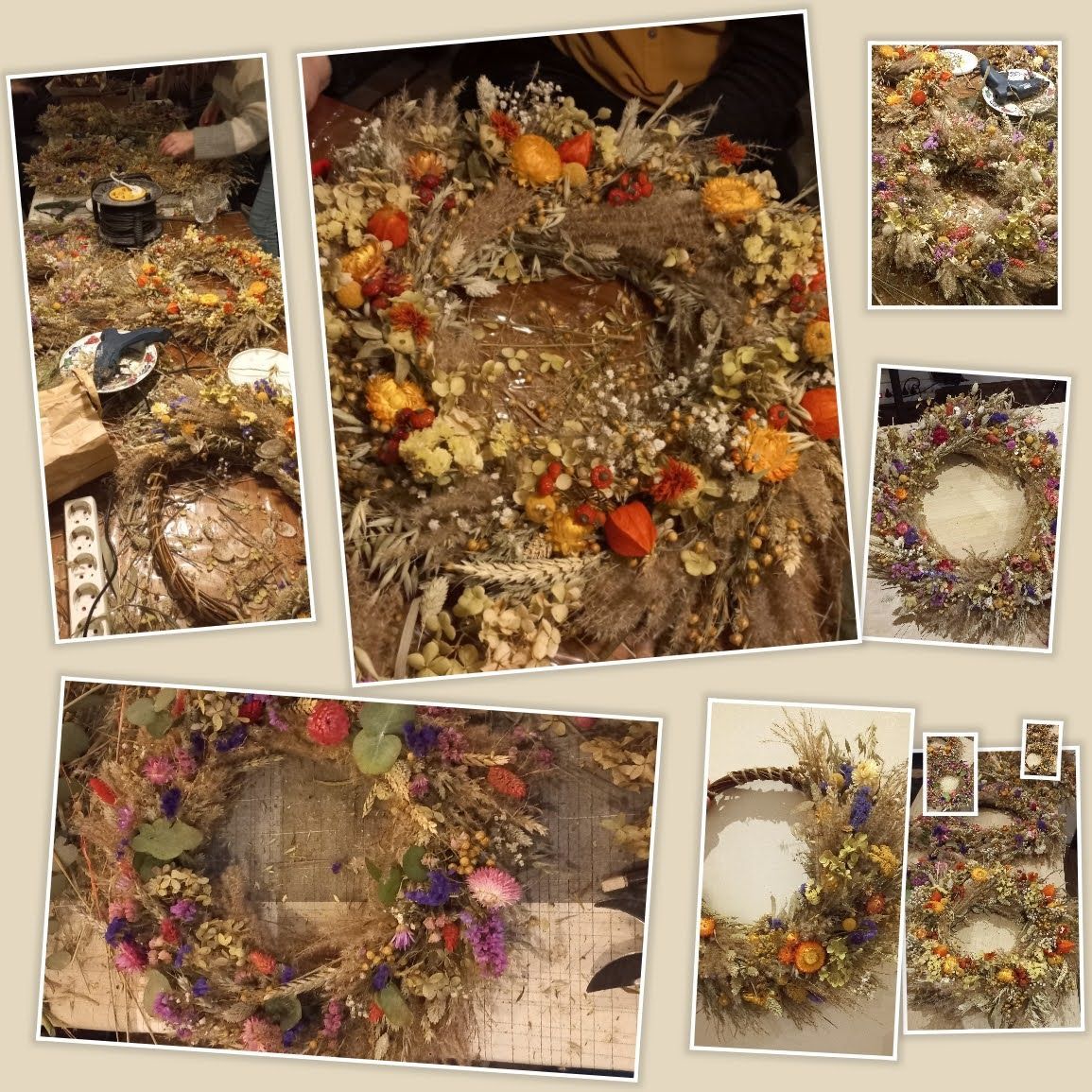 Collage van decoratieve kransen gemaakt van gedroogde bloemen en natuurlijke materialen, in verschillende maten en stijlen.