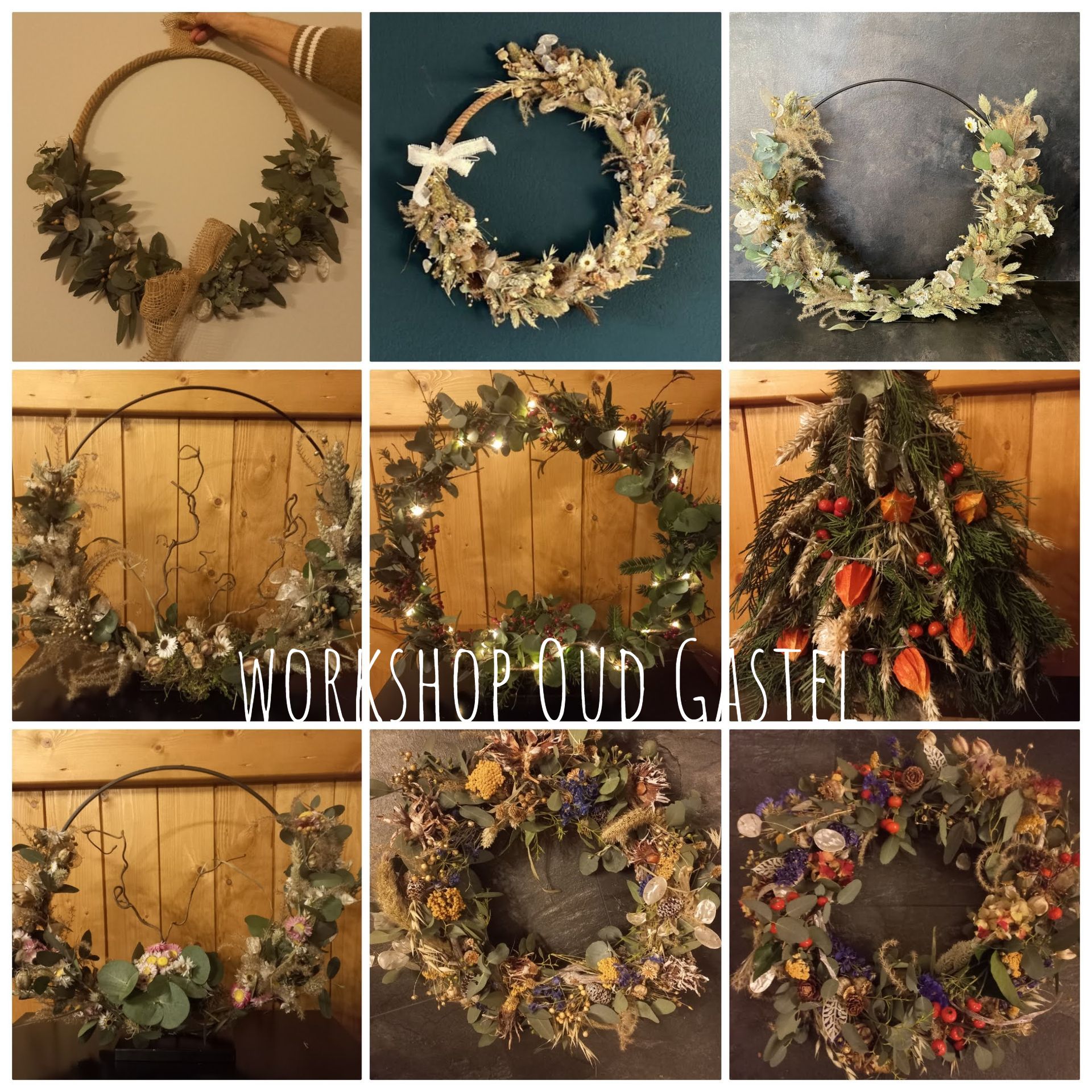 Negen kransen met gedroogde bloemen en groen, workshopomgeving.
